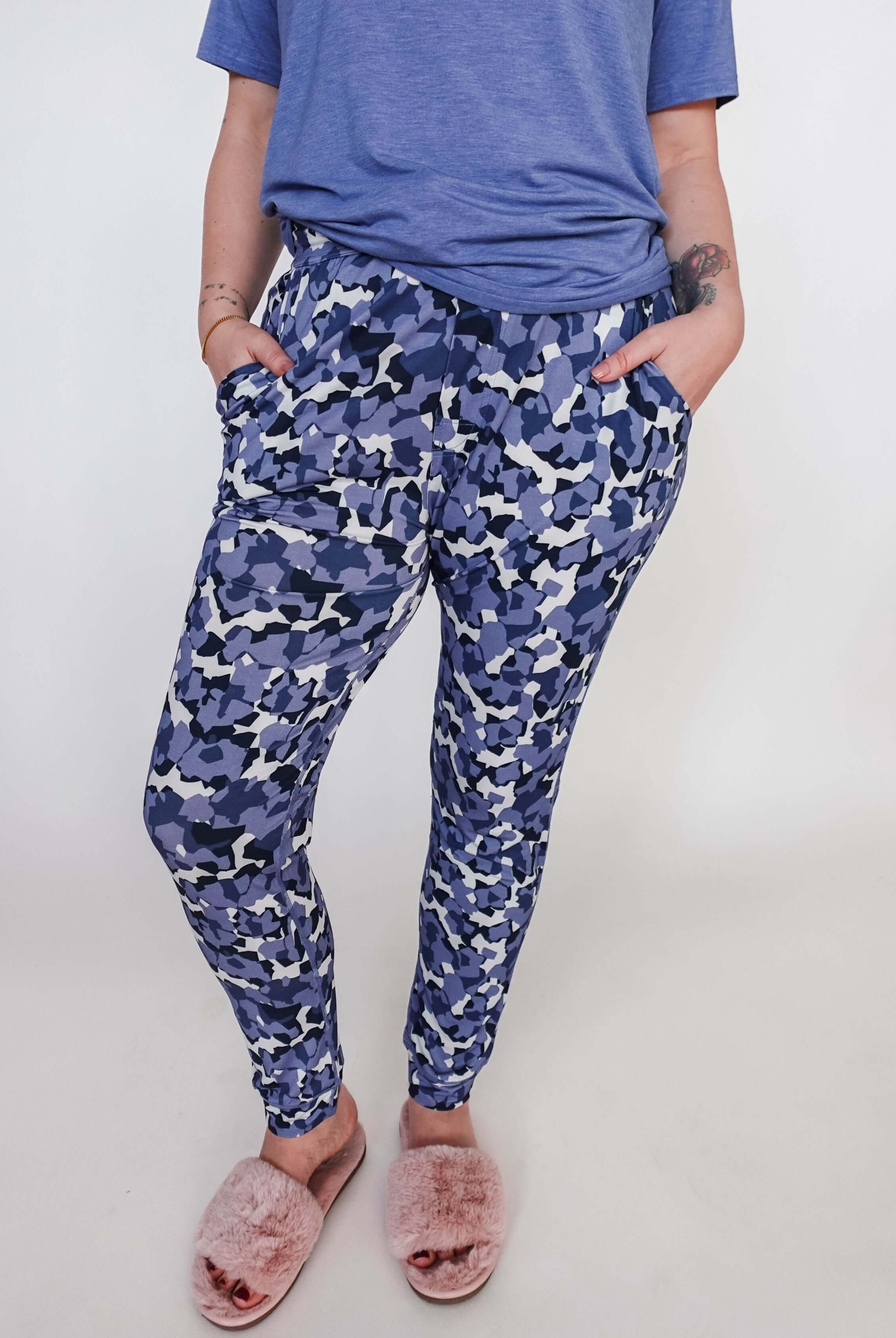 Geo Camo Print Unisex Jogger Pant Bamboo model showcasing comfort and style with pockets and unique geometric camouflage design.