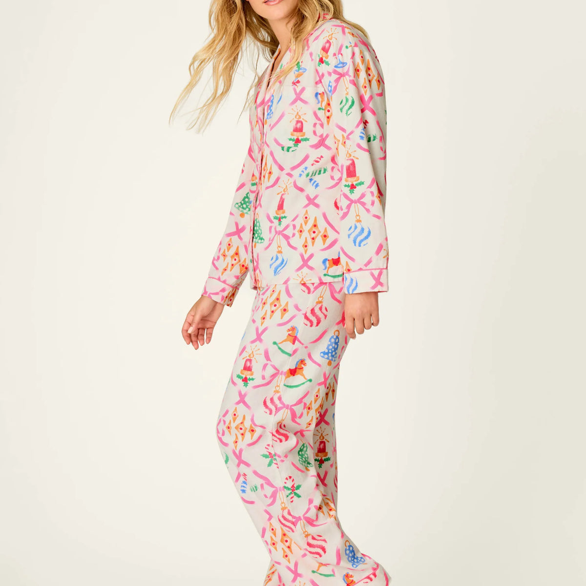 PJ Salvage Deck the Halls Flannel Set model full length side view — Cloud Nine Pajamas Edmonton