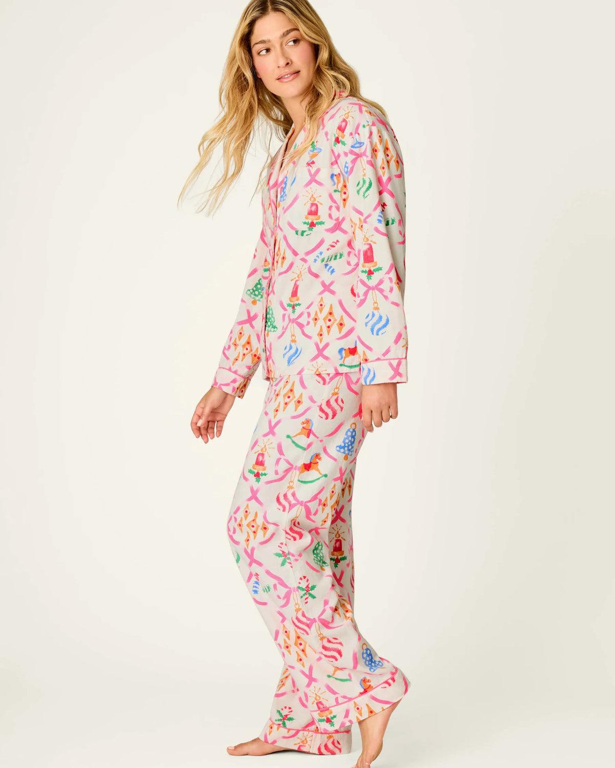 PJ Salvage Deck the Halls Flannel Set model full length side view — Cloud Nine Pajamas Edmonton