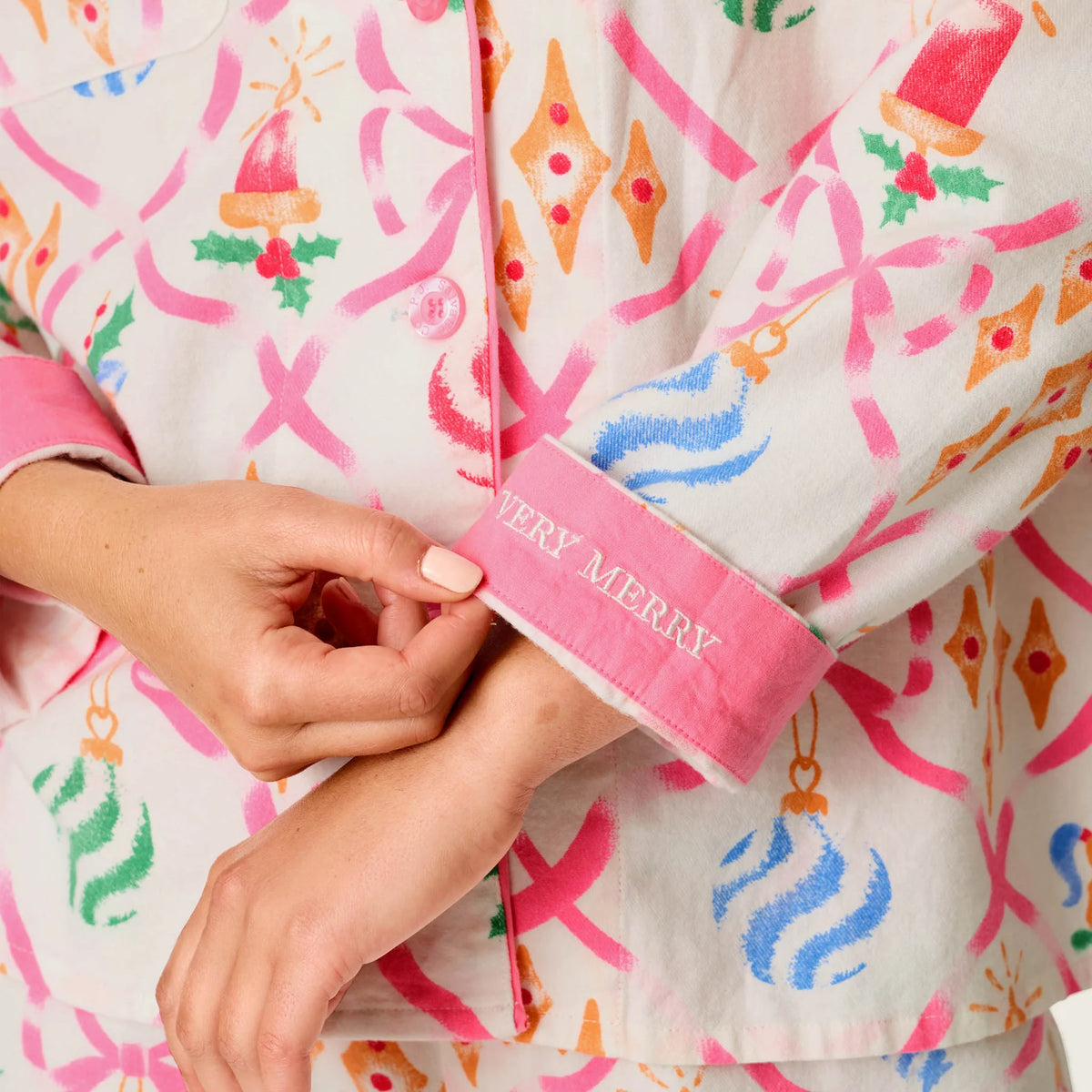 PJ Salvage Deck the Halls Flannel Set Very Merry embroidered contrast cuffs detail — Cloud Nine Pajamas