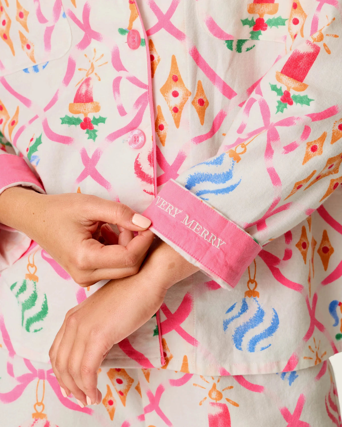 PJ Salvage Deck the Halls Flannel Set Very Merry embroidered contrast cuffs detail — Cloud Nine Pajamas