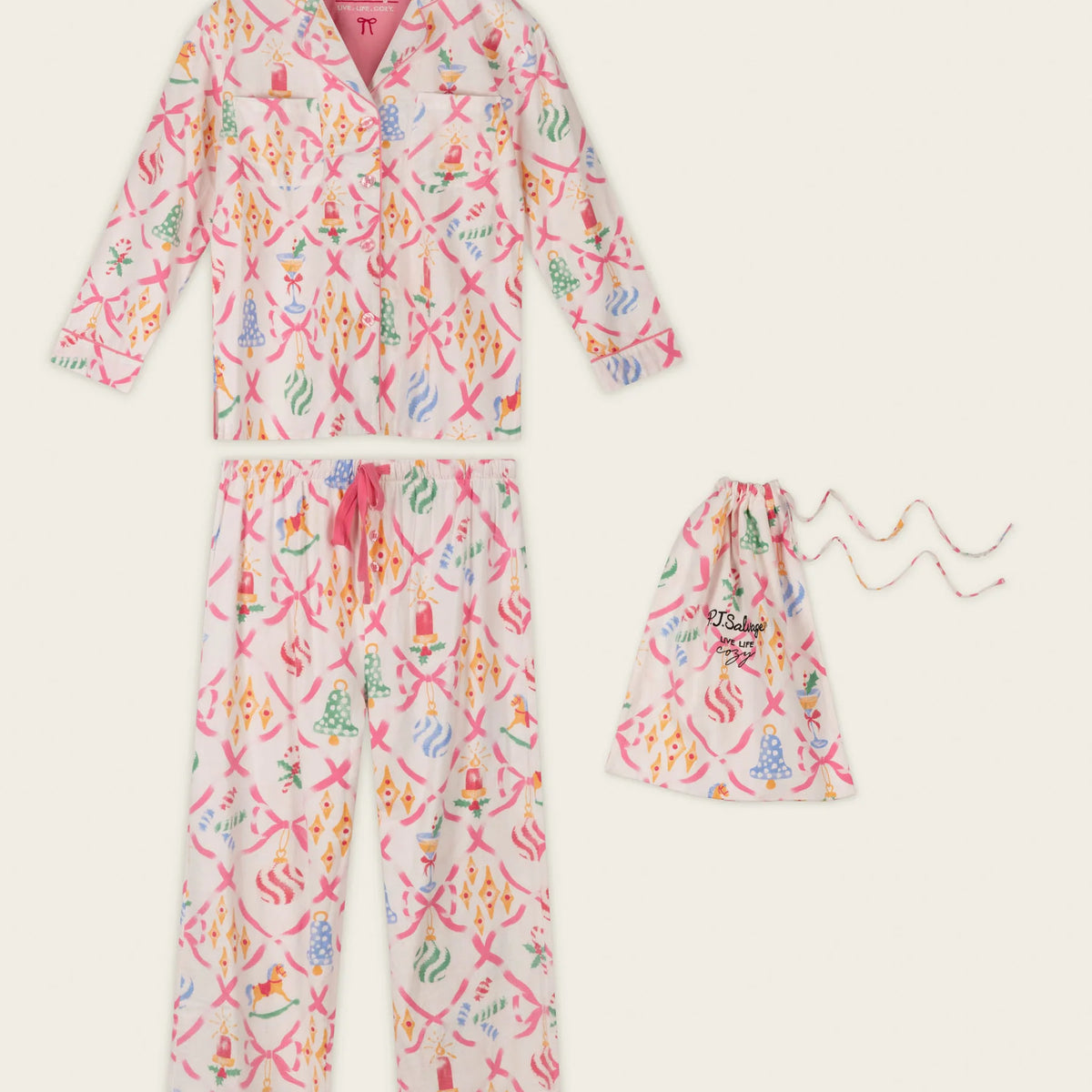 PJ Salvage Deck the Halls Ornament Print 4-Piece Flannel PJ Gift Set full set layout with bag and eye mask — Cloud Nine Pajamas Edmonton