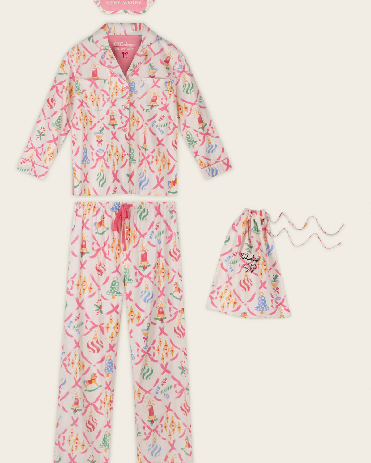 PJ Salvage Deck the Halls Ornament Print 4-Piece Flannel PJ Gift Set full set layout with bag and eye mask — Cloud Nine Pajamas Edmonton