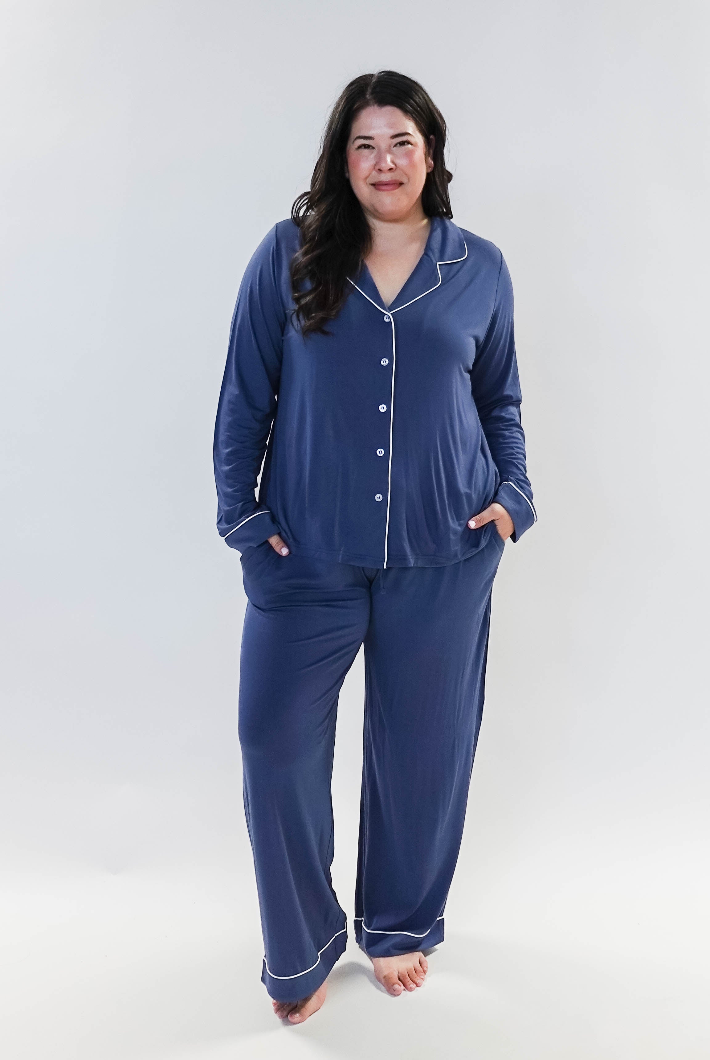 women's denim blue bamboo button up collared pajama set with straight leg and pockets - Georgia Rylan