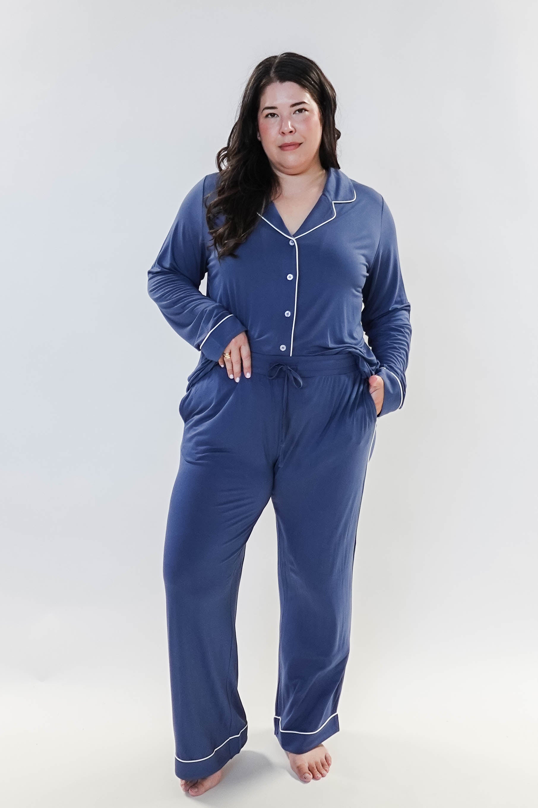 women's denim blue bamboo button up collared pajama set with straight leg and pockets - Georgia Rylan