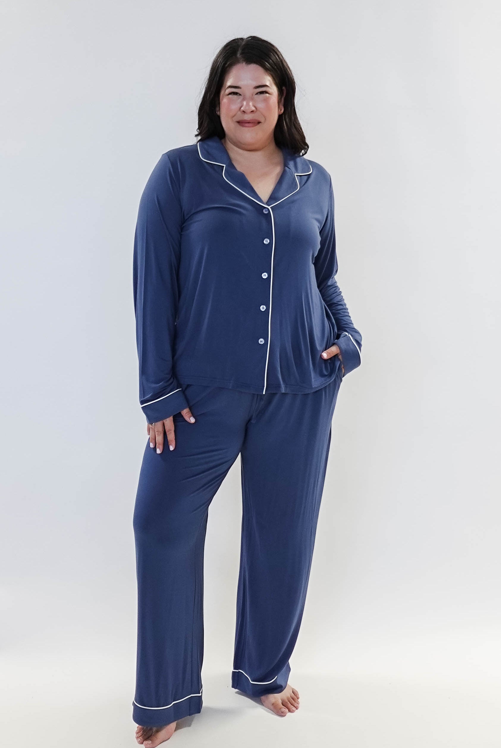 Denim Blue Long Sleeve Button Up Bamboo PJ Set by Georgia Rylan