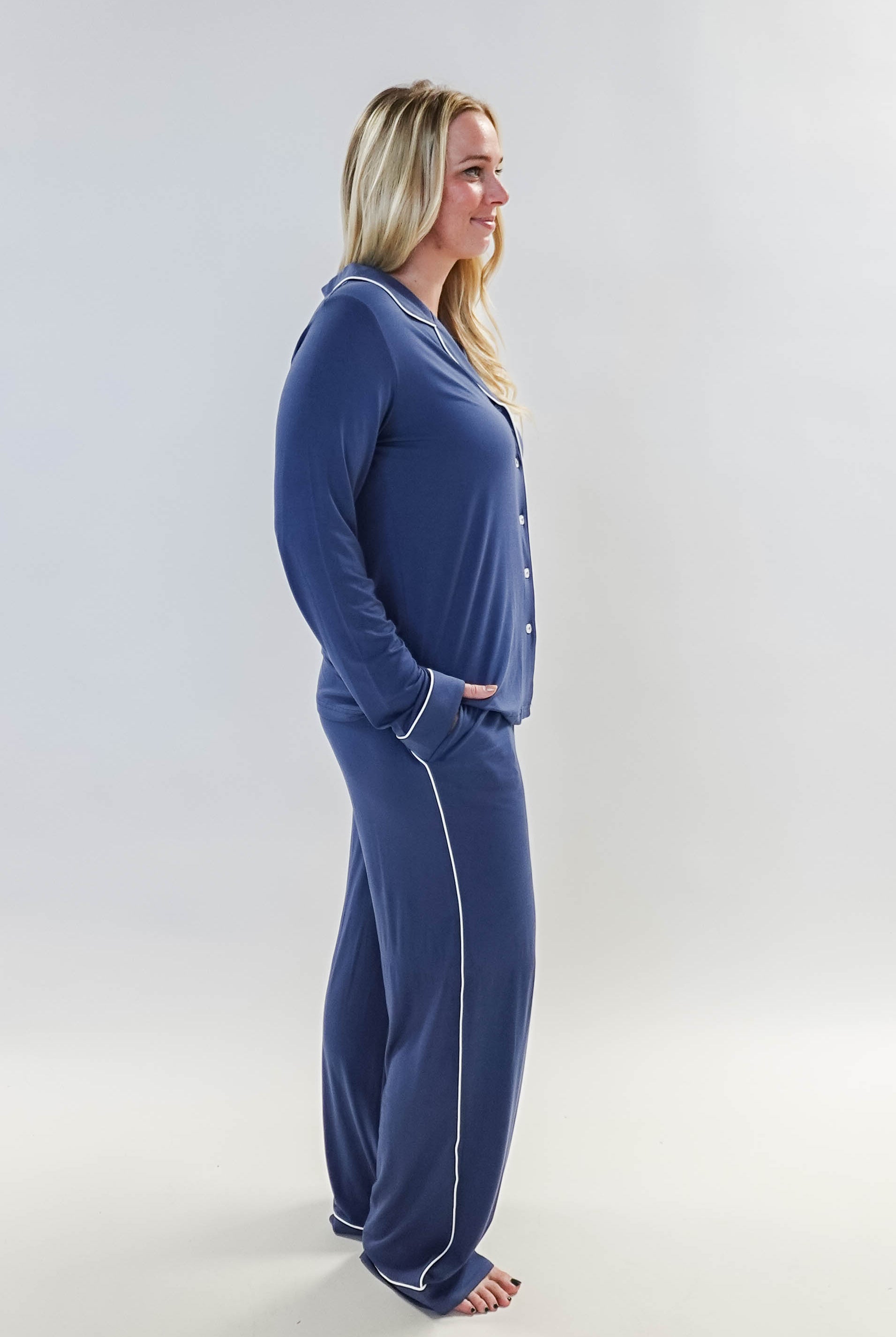 women's denim blue bamboo button up collared pajama set with straight leg and pockets - Georgia Rylan