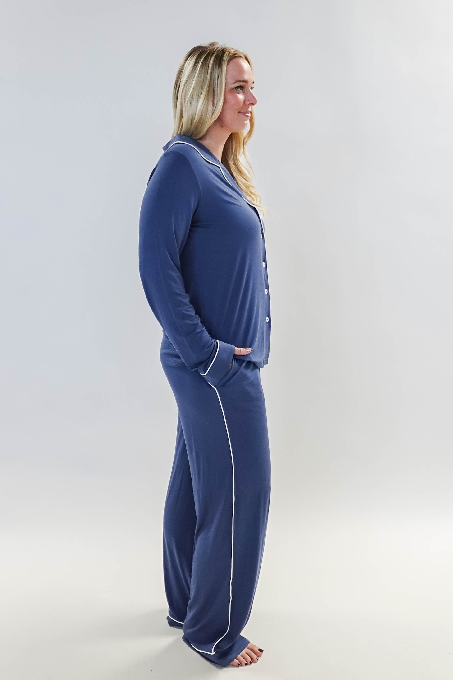 women's denim blue bamboo button up collared pajama set with straight leg and pockets - Georgia Rylan