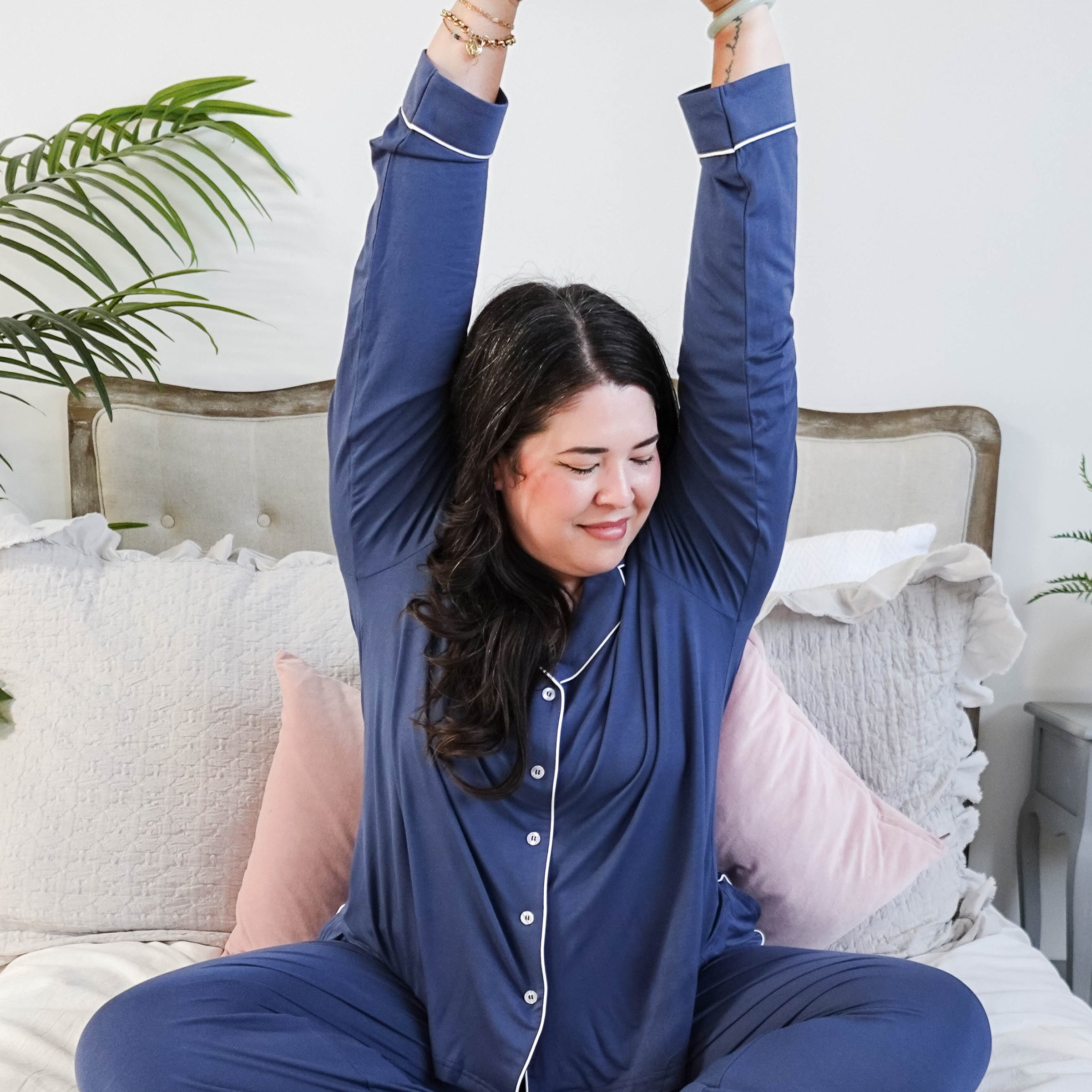 women's denim blue bamboo button up collared pajama set with straight leg and pockets - Georgia Rylan