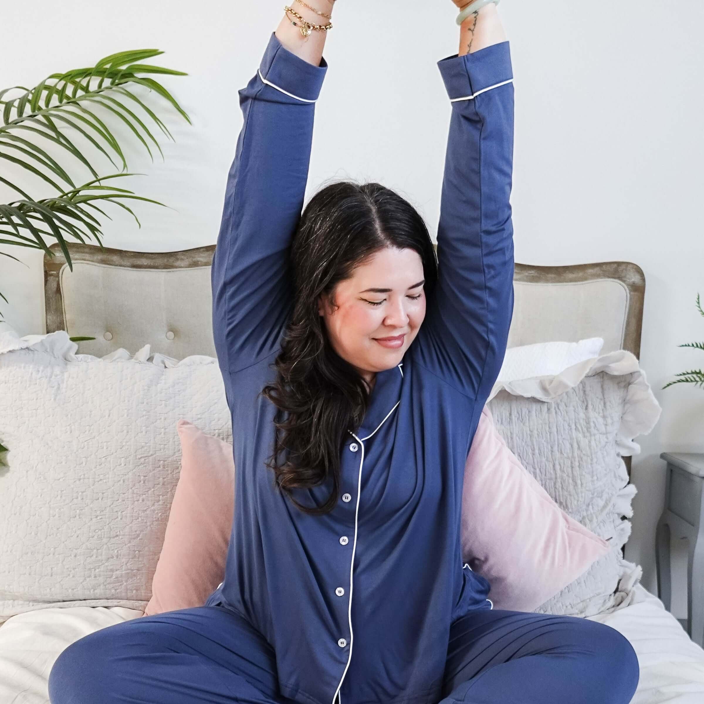 women's denim blue bamboo button up collared pajama set with straight leg and pockets - Georgia Rylan