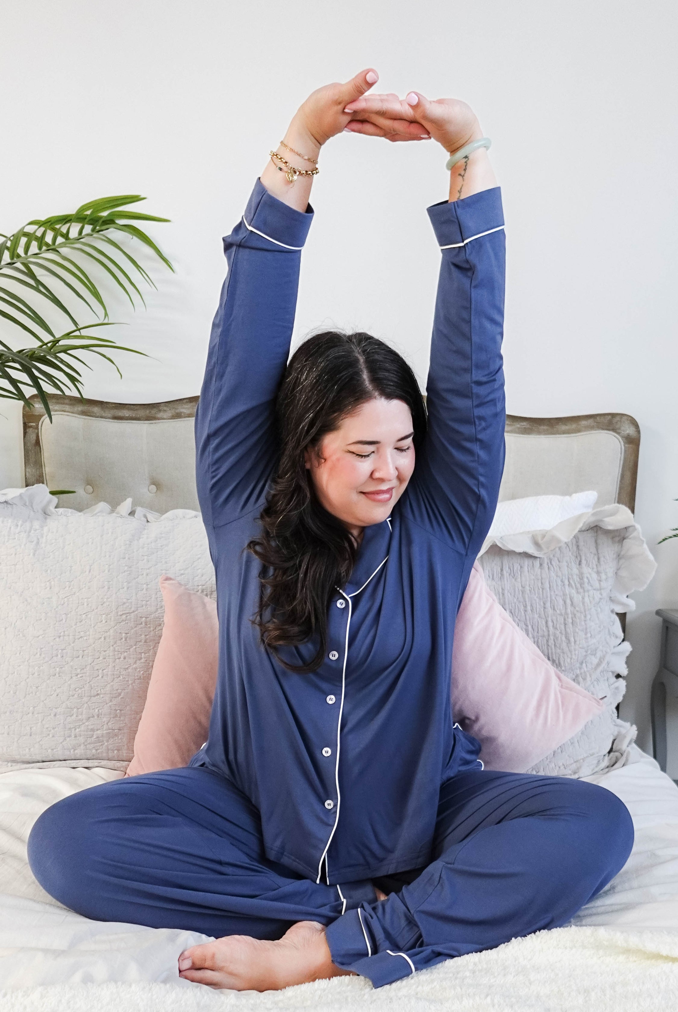 women's denim blue bamboo button up collared pajama set with straight leg and pockets - Georgia Rylan