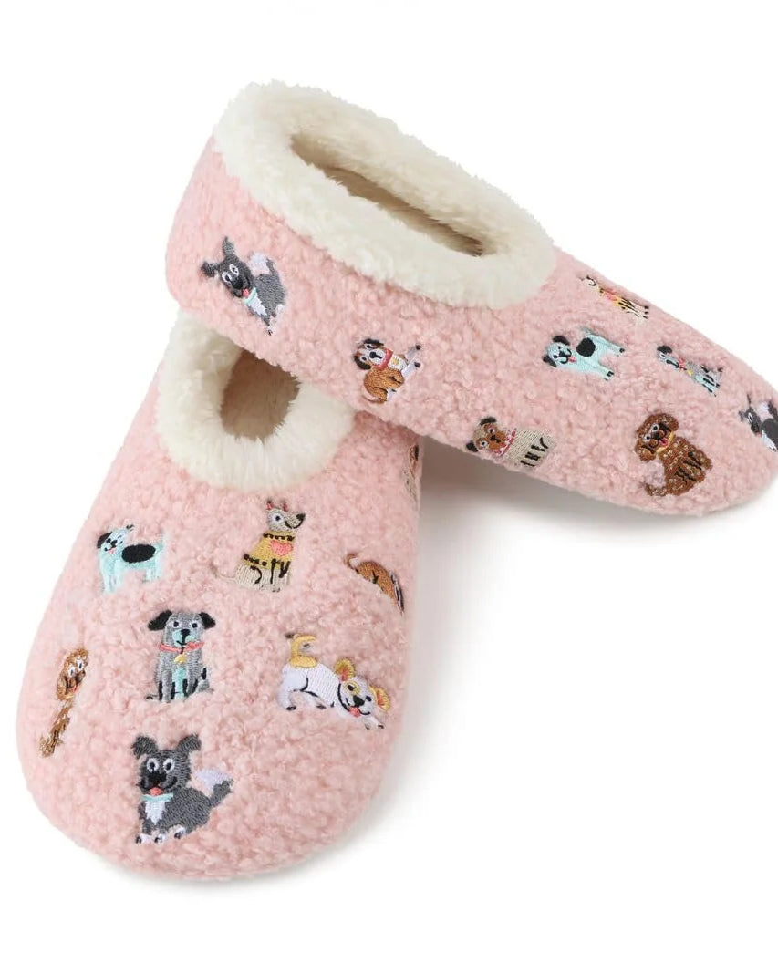 Snoozies Mini Embroidery Slipper Socks Mini Dogs Pink embroidered dog motifs side view — Cloud Nine Pajamas Edmonton