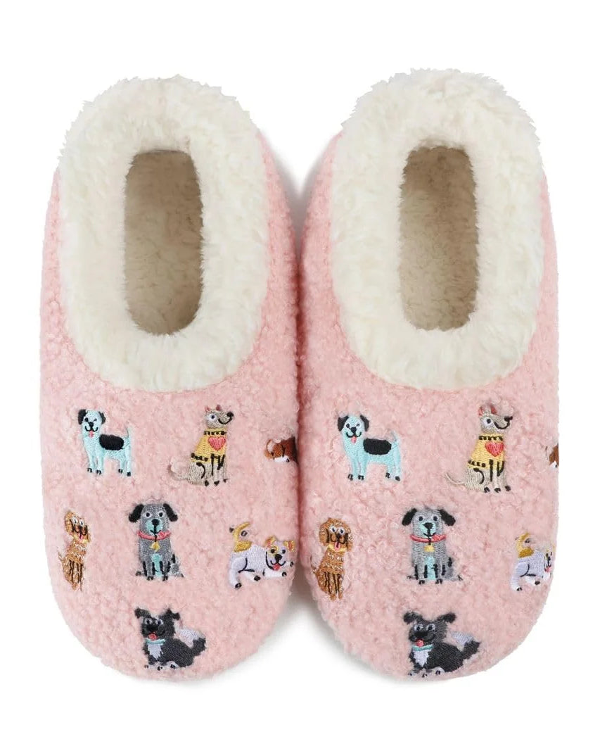 Snoozies Mini Embroidery Slipper Socks Mini Dogs Pink embroidered dog motifs front view — Cloud Nine Pajamas Edmonton