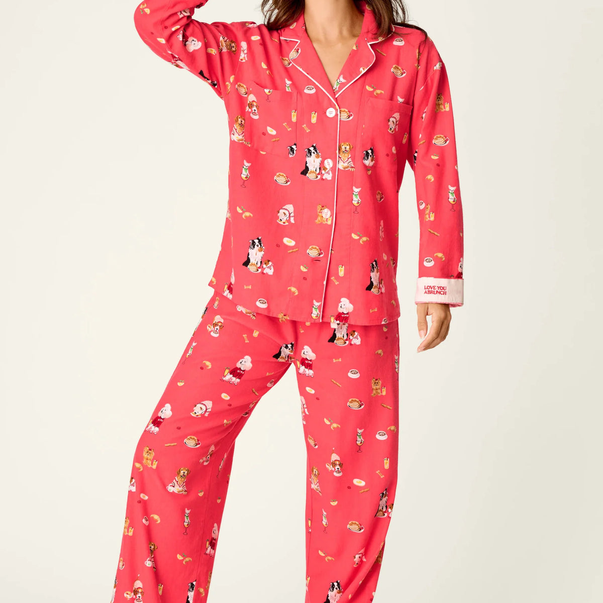 PJ Salvage Dogs Who Brunch 3-Piece Flannel PJ Set Dark Coral front view on model — Cloud Nine Pajamas Edmonton