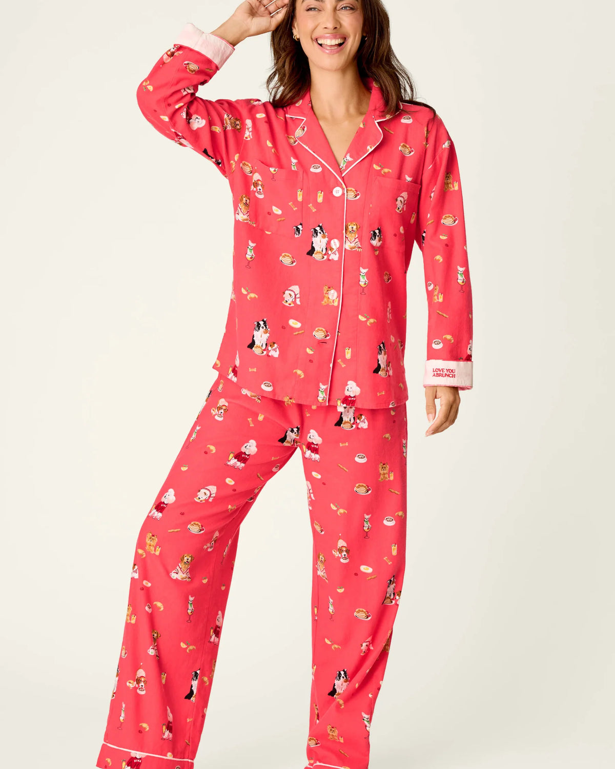PJ Salvage Dogs Who Brunch 3-Piece Flannel PJ Set Dark Coral front view on model — Cloud Nine Pajamas Edmonton