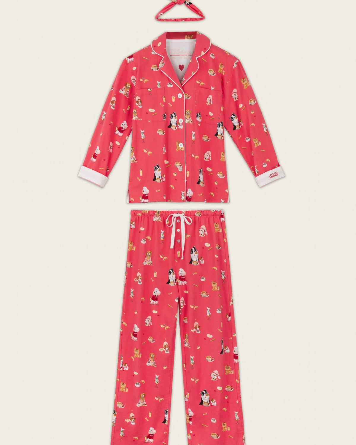 PJ Salvage Dogs Who Brunch Flannel Set full set layout with hair wrap — Cloud Nine Pajamas Edmonton