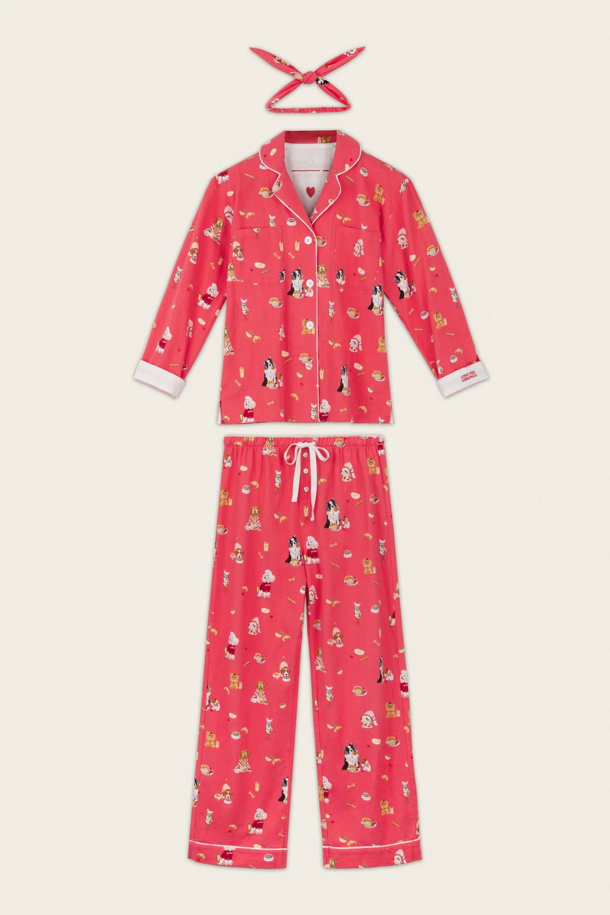 PJ Salvage Dogs Who Brunch Flannel Set full set layout with hair wrap — Cloud Nine Pajamas Edmonton