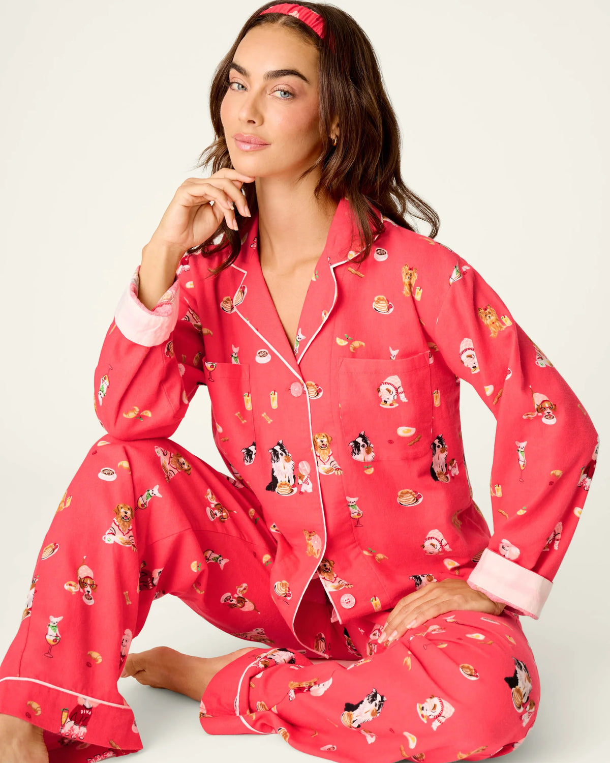 PJ Salvage Dogs Who Brunch Flannel Set lifestyle sitting — Cloud Nine Pajamas Edmonton