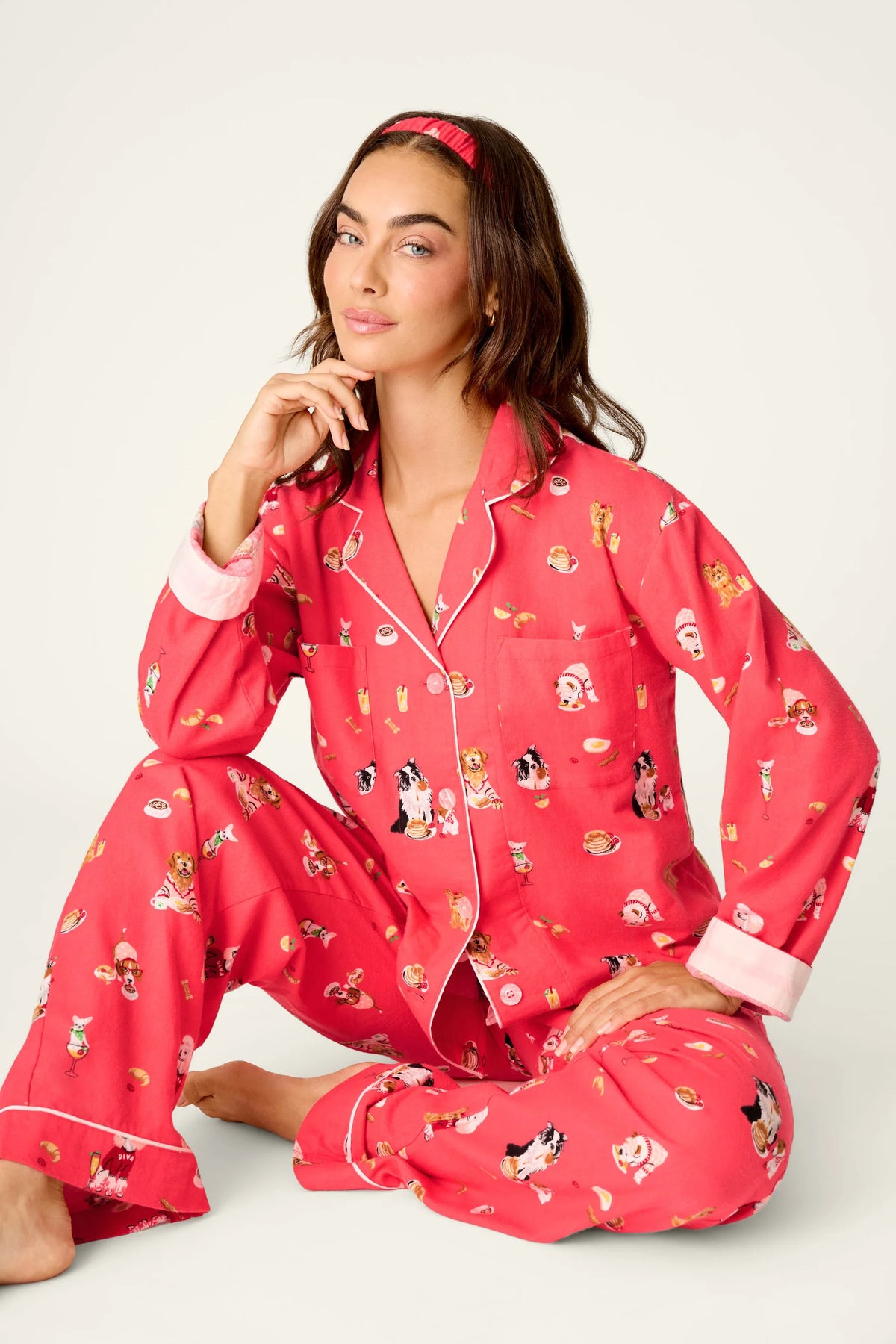 PJ Salvage Dogs Who Brunch Flannel Set lifestyle sitting — Cloud Nine Pajamas Edmonton