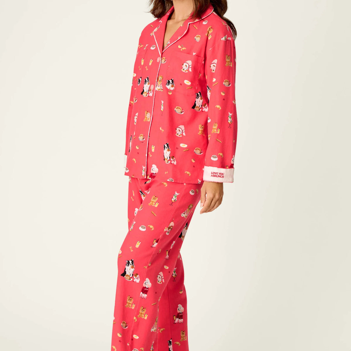 PJ Salvage Dogs Who Brunch Flannel Set model full length — Cloud Nine Pajamas Edmonton