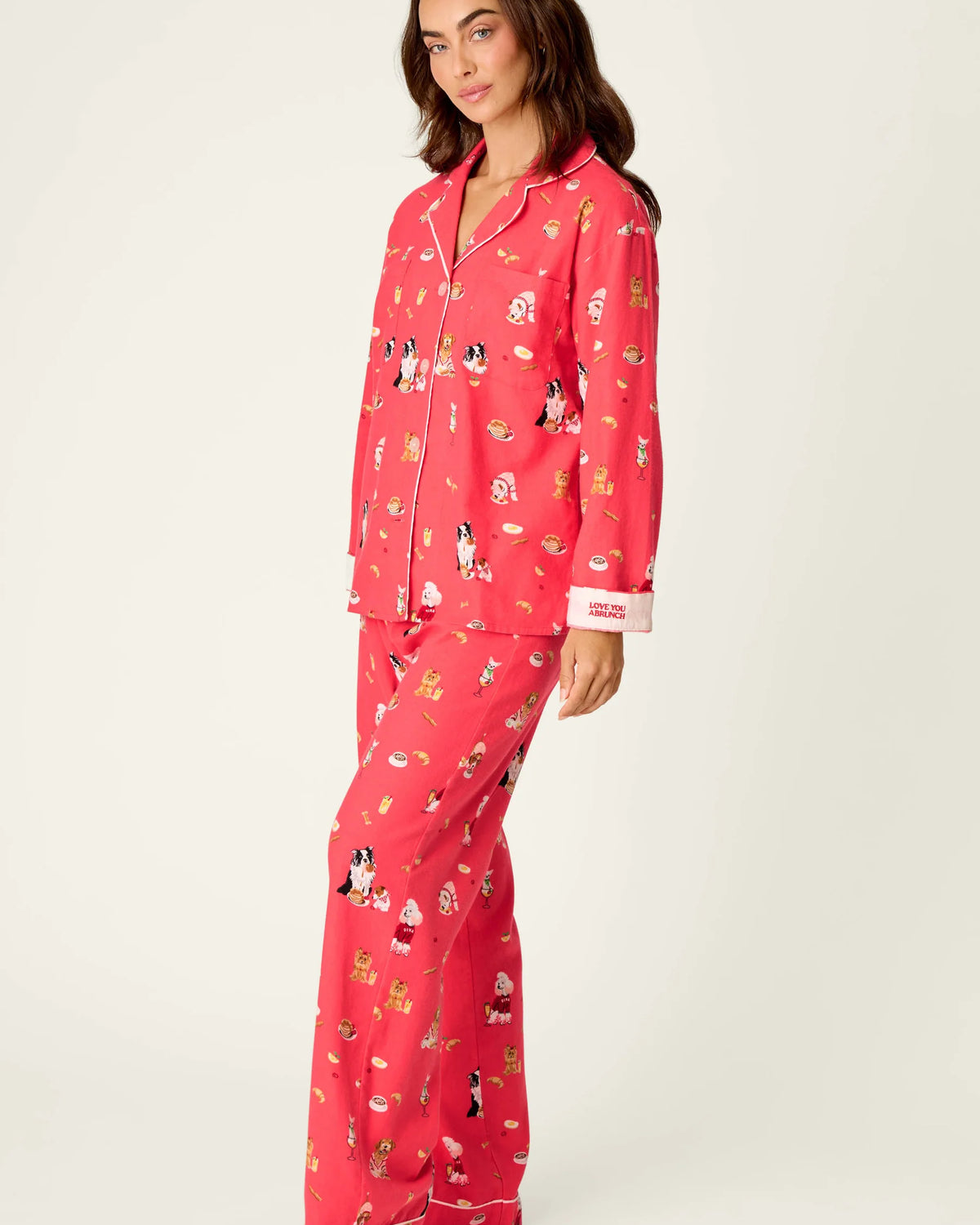 PJ Salvage Dogs Who Brunch Flannel Set model full length — Cloud Nine Pajamas Edmonton