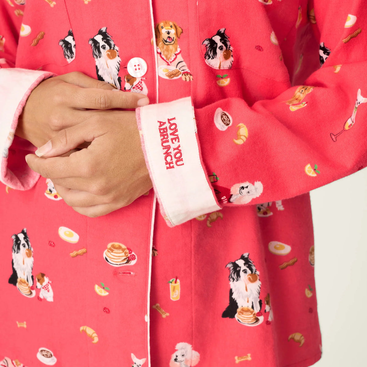 PJ Salvage Dogs Who Brunch Flannel Set Love You a Brunch embroidered cuffs detail — Cloud Nine Pajamas