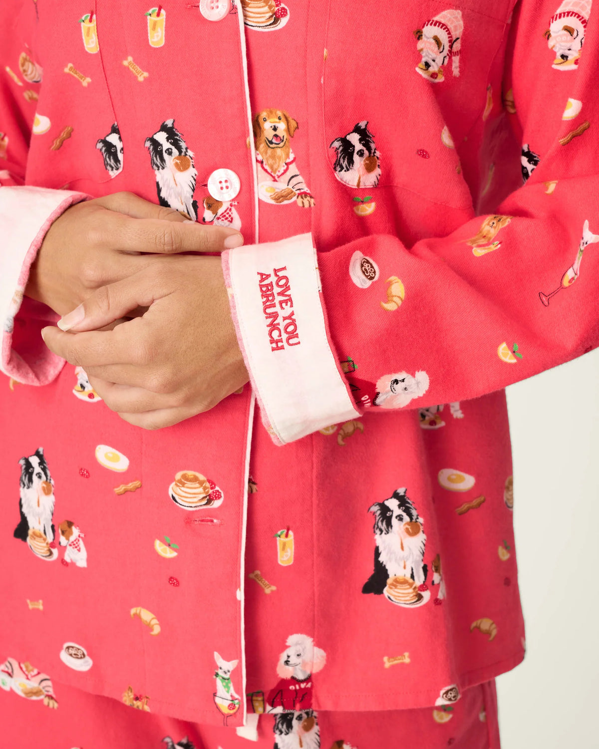 PJ Salvage Dogs Who Brunch Flannel Set Love You a Brunch embroidered cuffs detail — Cloud Nine Pajamas