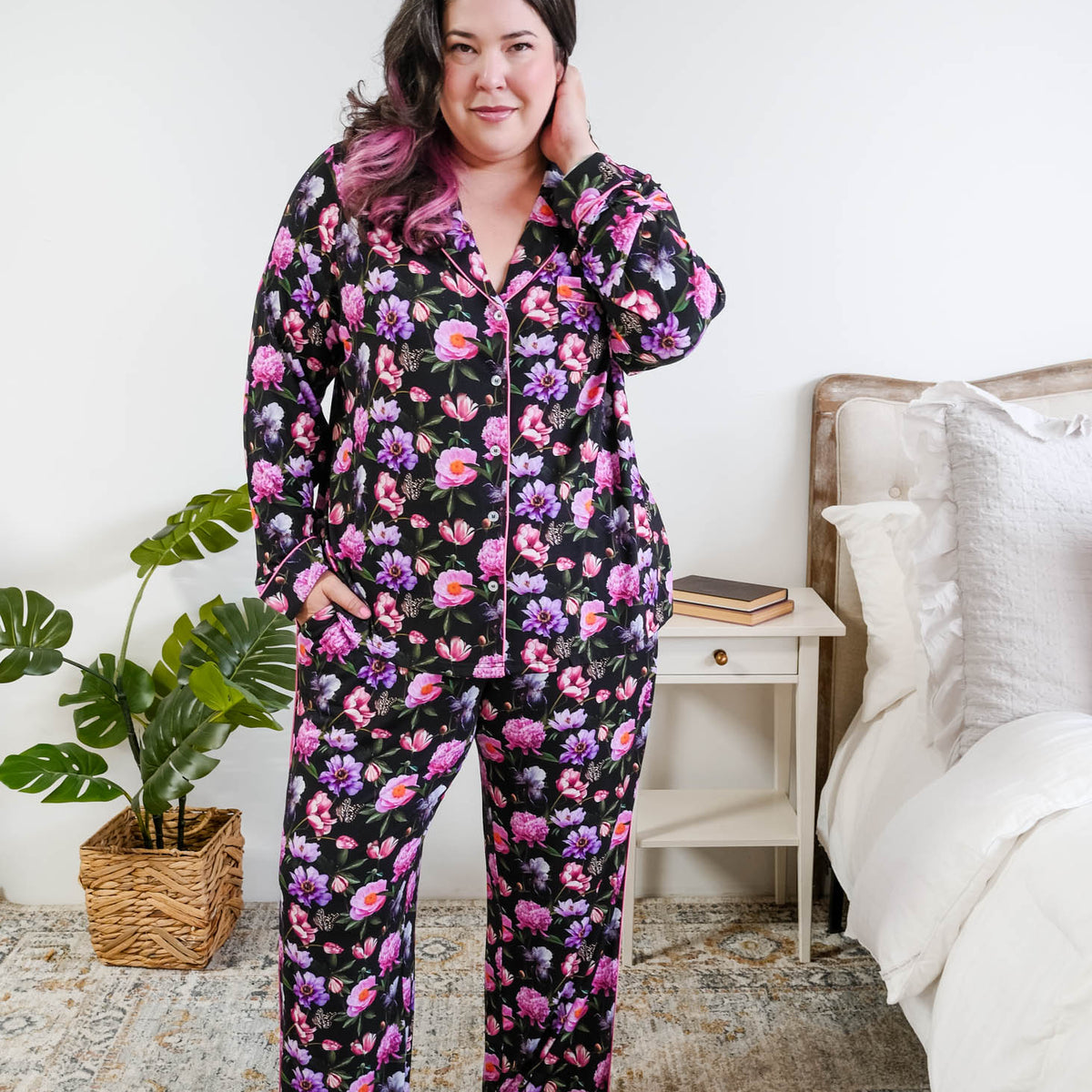 Full length view Georgia Rylan women's bamboo long sleeve button-up top and straight-leg pajama pants in Dreamy Blooms black floral print - Cloud Nine Pajamas on plus size model