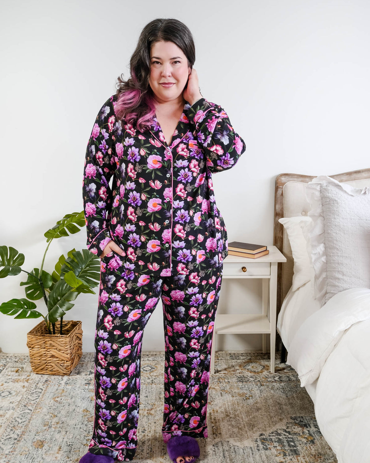 Full length view Georgia Rylan women's bamboo long sleeve button-up top and straight-leg pajama pants in Dreamy Blooms black floral print - Cloud Nine Pajamas on plus size model