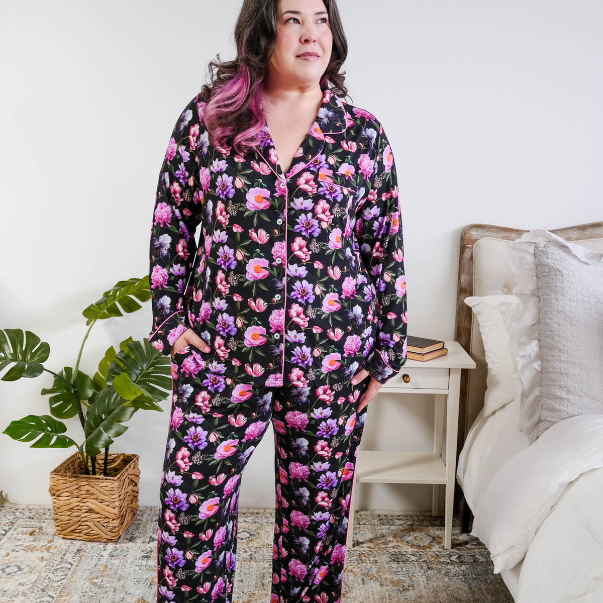 Georgia Rylan women's bamboo long sleeve button-up top and straight-leg pajama pants in Dreamy Blooms black floral print - Cloud Nine Pajamas plus size model