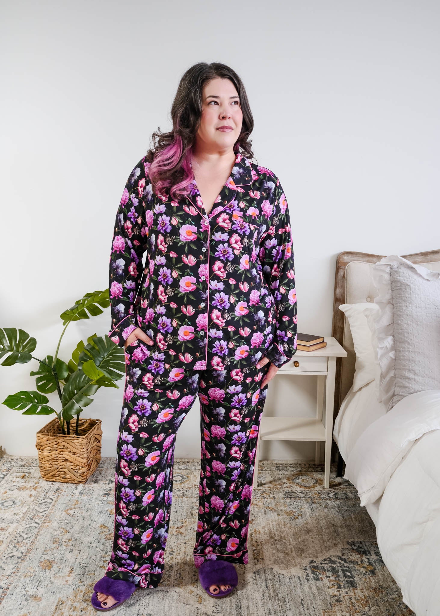 Georgia Rylan women's bamboo long sleeve button-up top and straight-leg pajama pants in Dreamy Blooms black floral print - Cloud Nine Pajamas plus size model