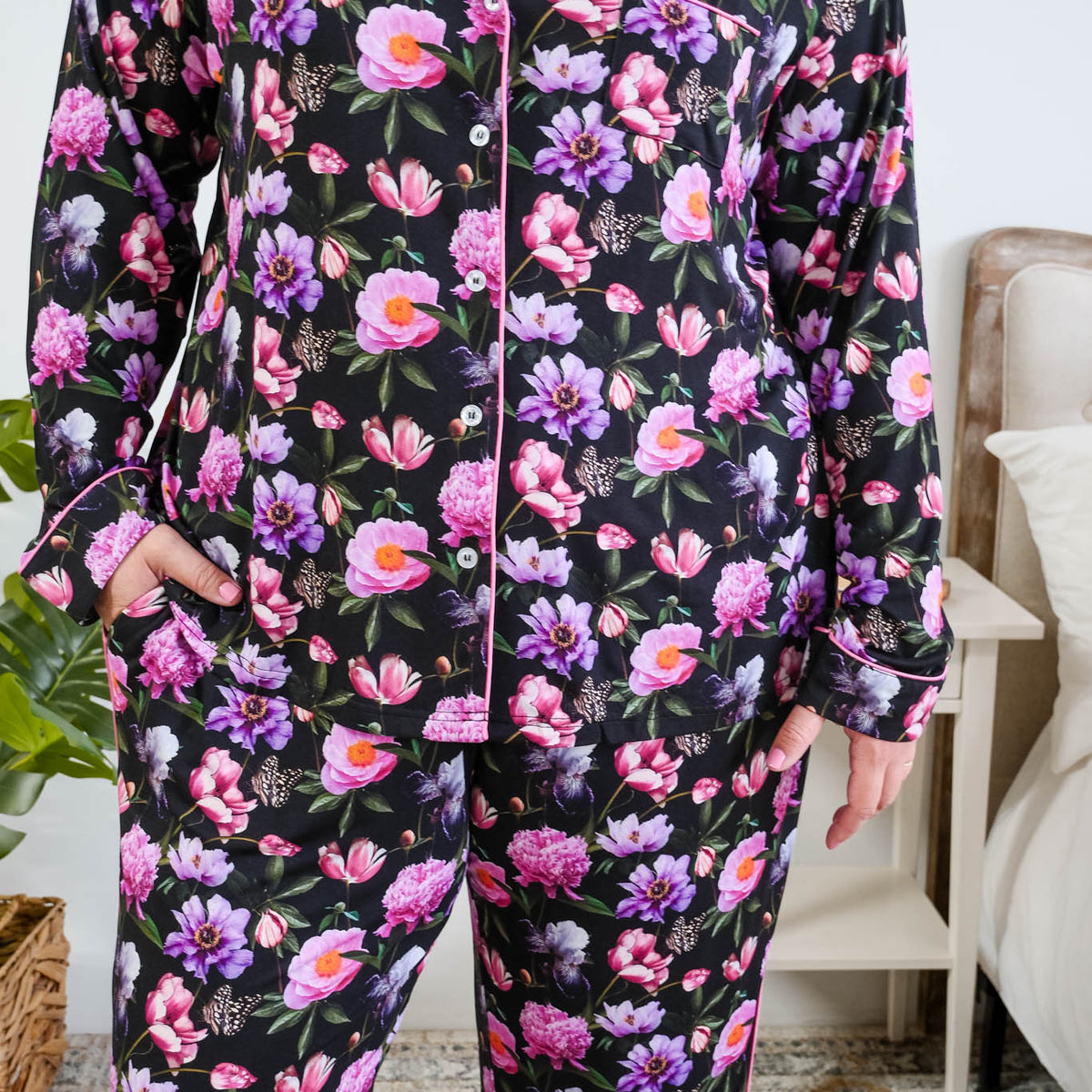 Georgia Rylan women's bamboo long sleeve button-up top and straight-leg pajama pants in Dreamy Blooms black floral print - Cloud Nine Pajamas close up of button up front