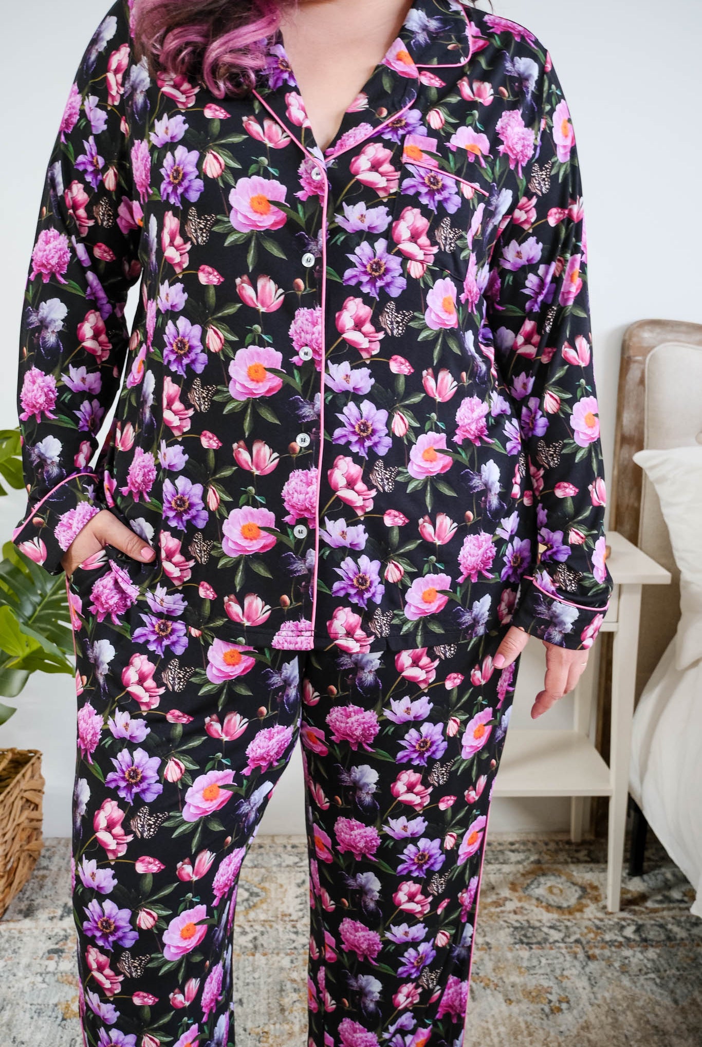 Georgia Rylan women's bamboo long sleeve button-up top and straight-leg pajama pants in Dreamy Blooms black floral print - Cloud Nine Pajamas close up of button up front