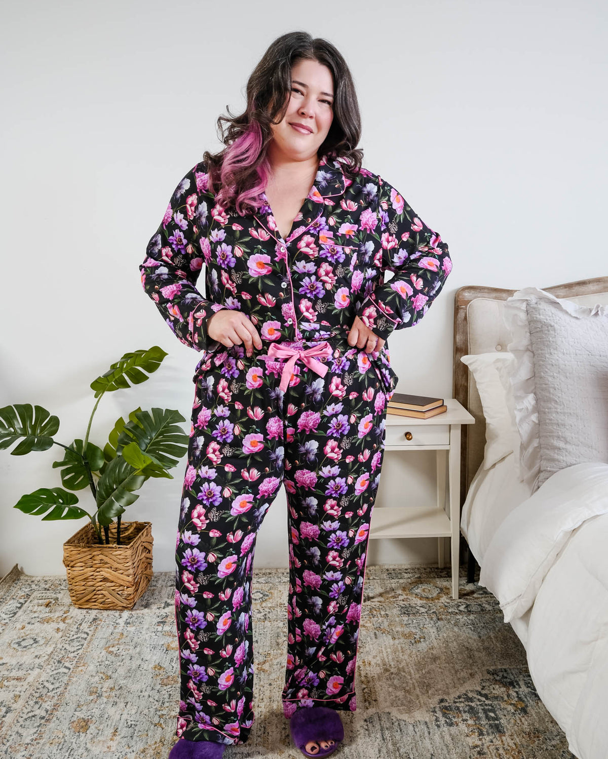 Georgia Rylan women's bamboo long sleeve button-up top and straight-leg pajama pants in Dreamy Blooms black floral print - Cloud Nine Pajamas shown tucked in to show the satin drawstring