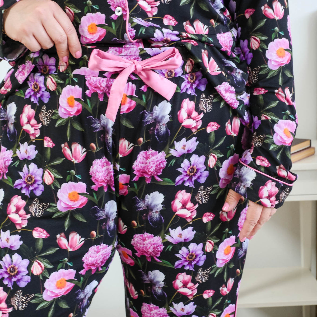 Georgia Rylan women's bamboo long sleeve button-up top and straight-leg pajama pants in Dreamy Blooms black floral print - Cloud Nine Pajamas