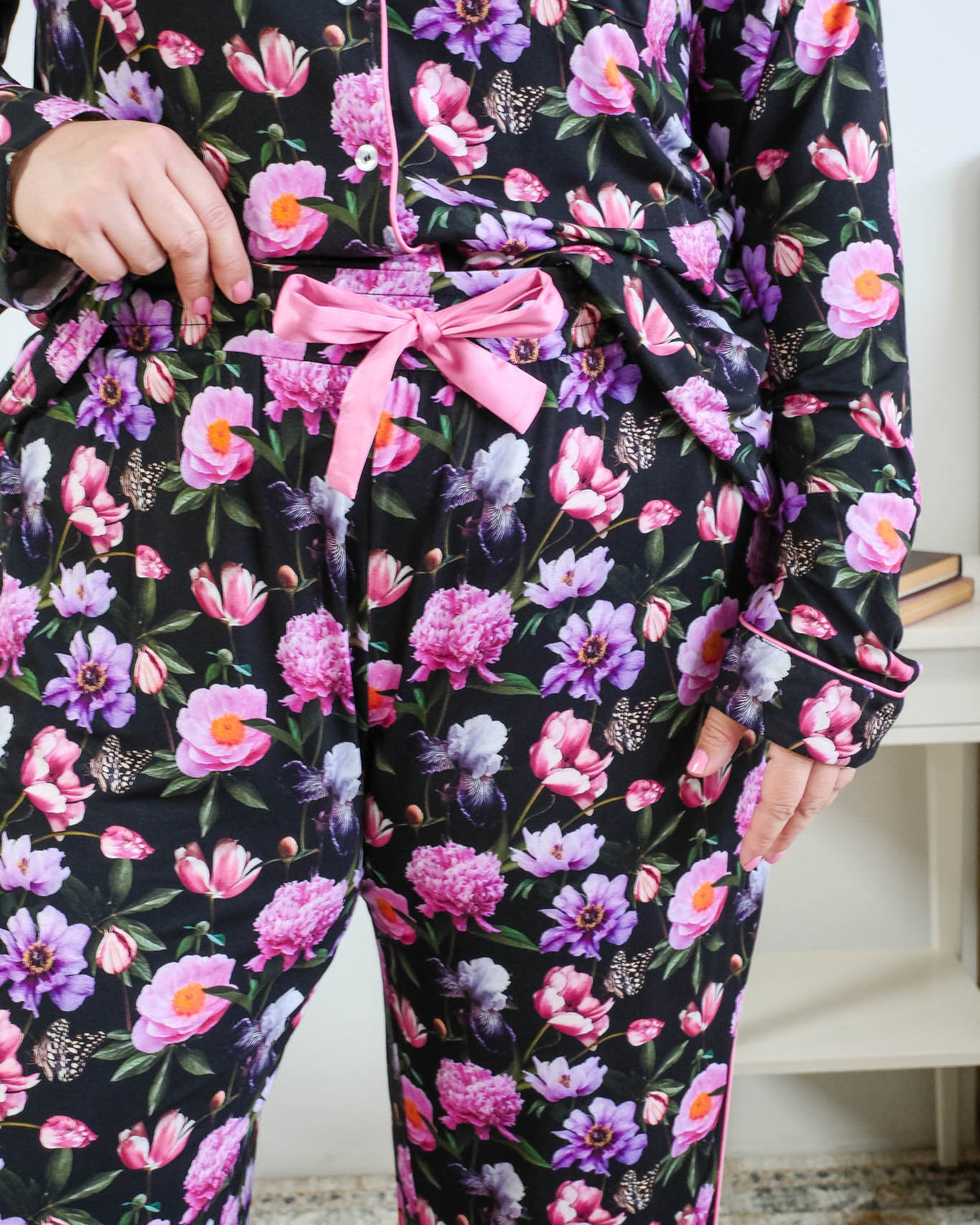 Georgia Rylan women's bamboo long sleeve button-up top and straight-leg pajama pants in Dreamy Blooms black floral print - Cloud Nine Pajamas