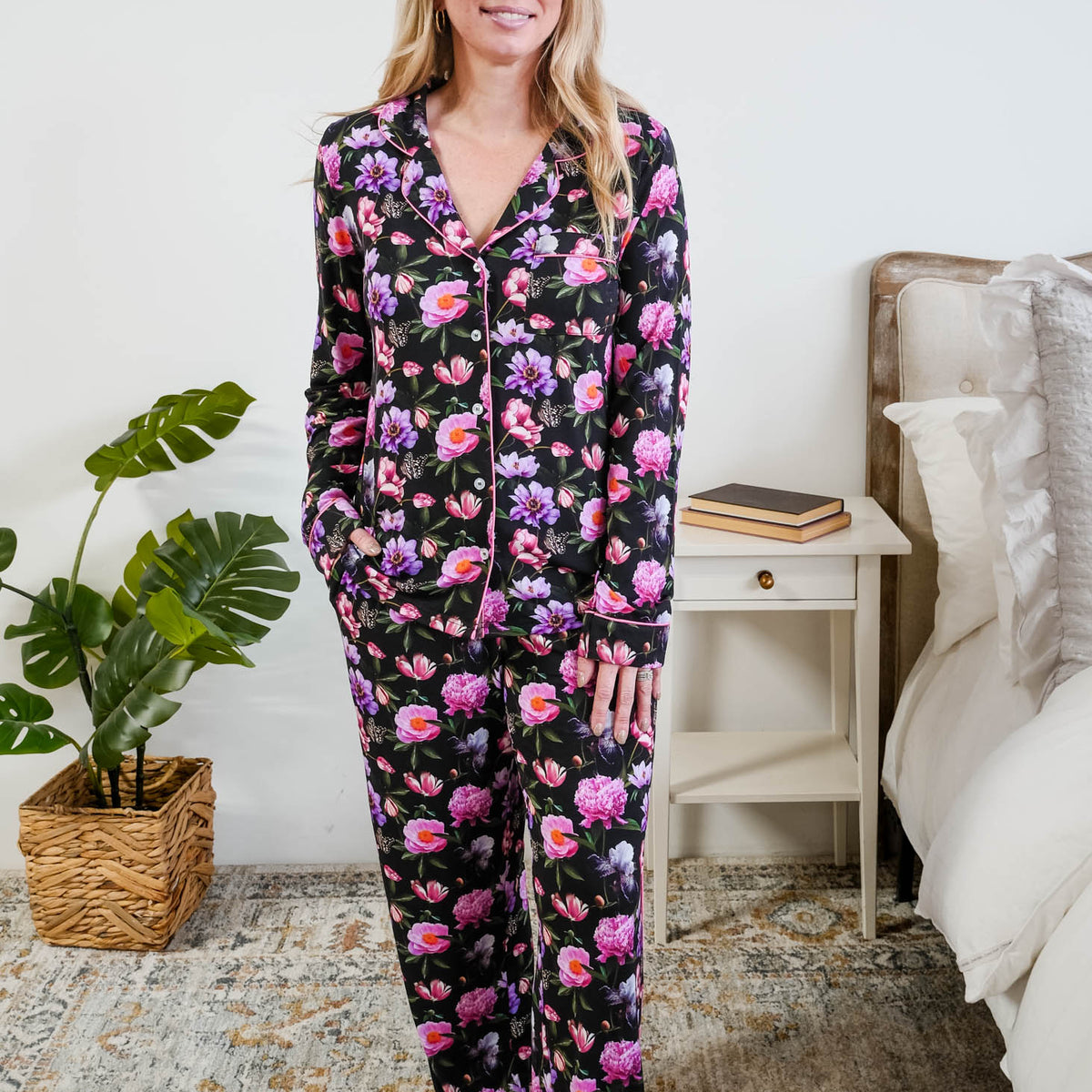 Georgia Rylan women's bamboo long sleeve button-up top and straight-leg pajama pants in Dreamy Blooms black floral print - Cloud Nine Pajamas Full length view