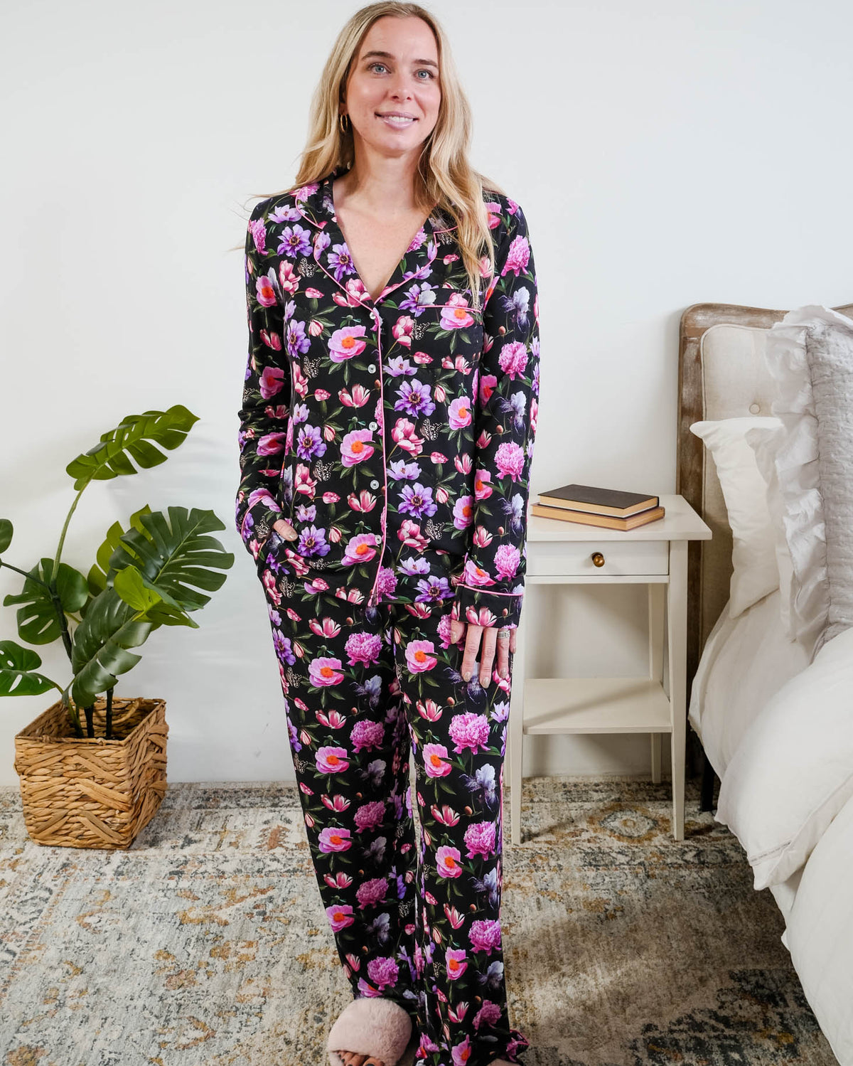 Georgia Rylan women's bamboo long sleeve button-up top and straight-leg pajama pants in Dreamy Blooms black floral print - Cloud Nine Pajamas Full length view