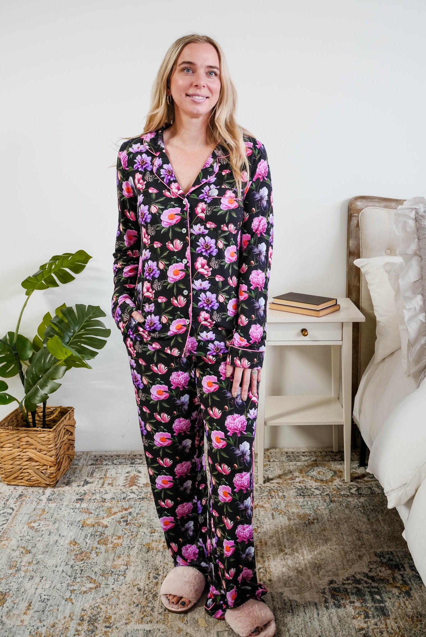 Georgia Rylan women's bamboo long sleeve button-up top and straight-leg pajama pants in Dreamy Blooms black floral print - Cloud Nine Pajamas Full length view