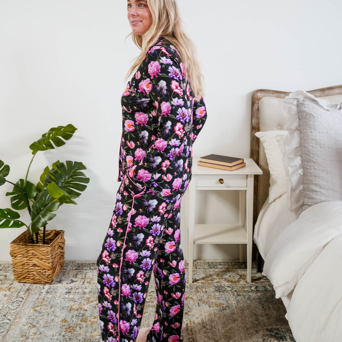 Georgia Rylan women's bamboo long sleeve button-up top and straight-leg pajama pants in Dreamy Blooms black floral print - Cloud Nine Pajamas side profile
