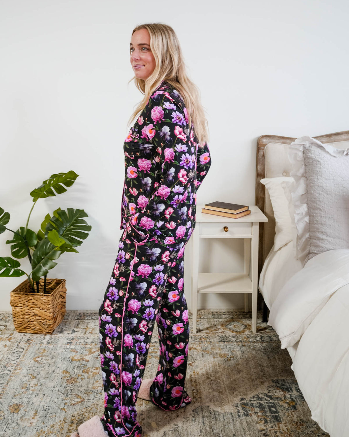 Georgia Rylan women's bamboo long sleeve button-up top and straight-leg pajama pants in Dreamy Blooms black floral print - Cloud Nine Pajamas side profile