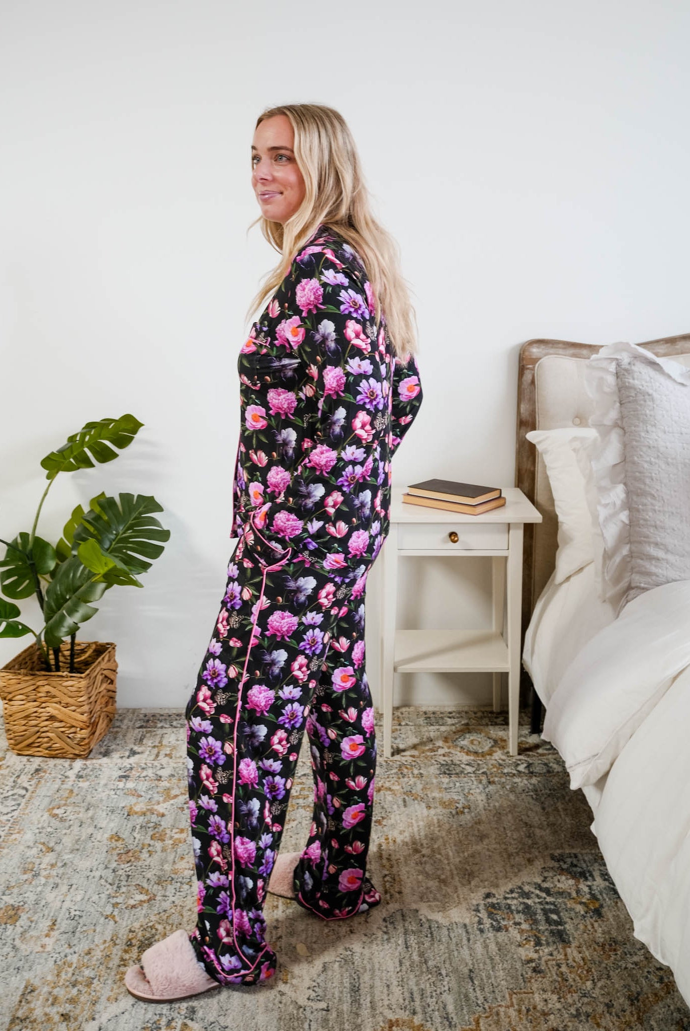 Georgia Rylan women's bamboo long sleeve button-up top and straight-leg pajama pants in Dreamy Blooms black floral print - Cloud Nine Pajamas side profile