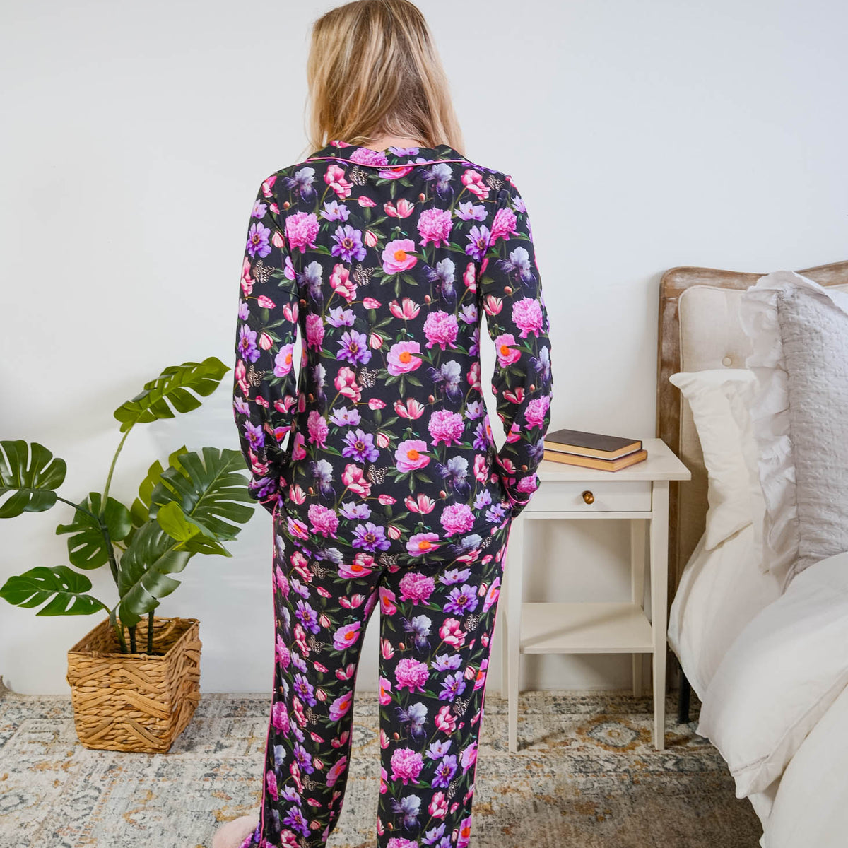 Georgia Rylan women's bamboo long sleeve button-up top and straight-leg pajama pants in Dreamy Blooms black floral print - Cloud Nine Pajamas back view full length