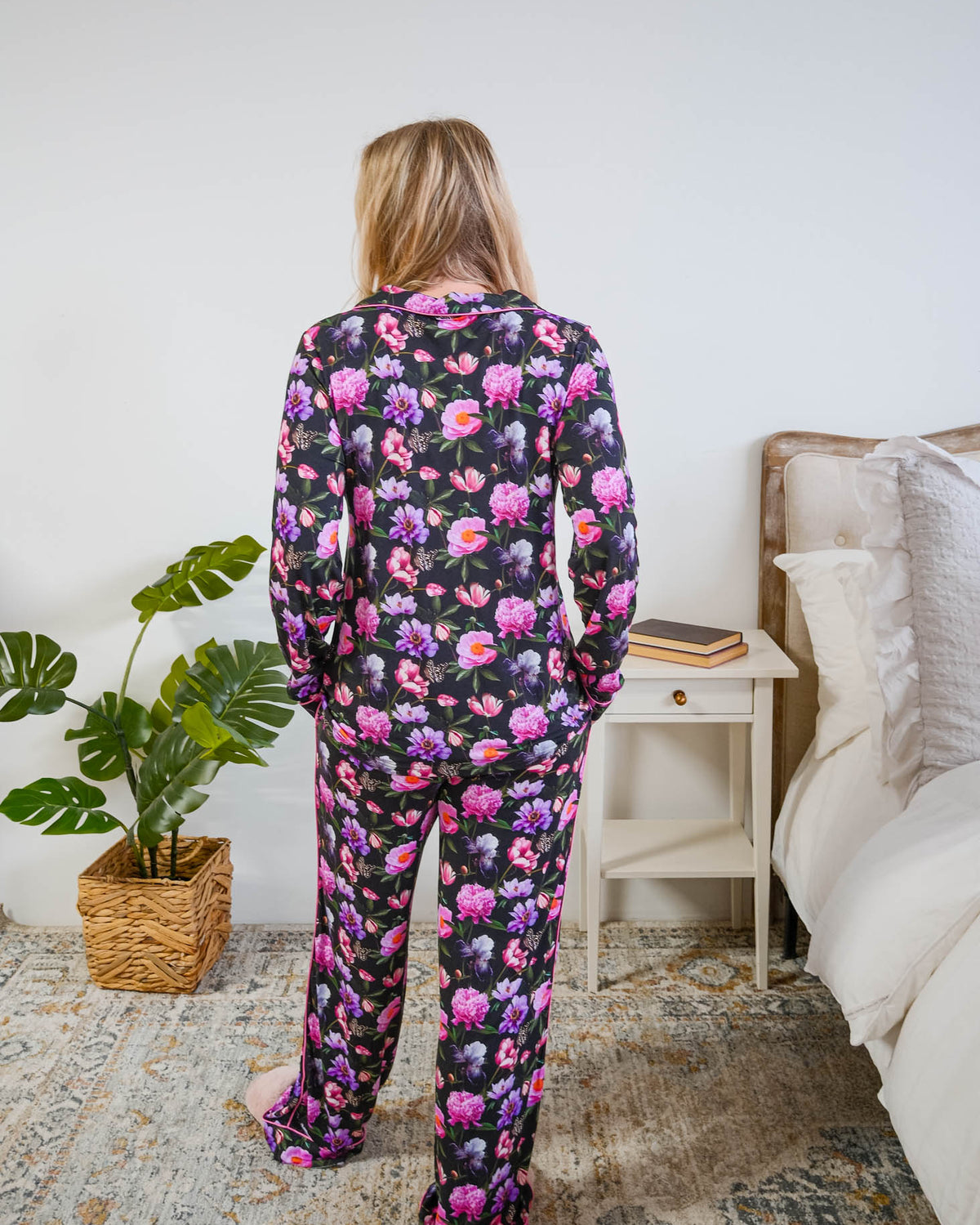 Georgia Rylan women's bamboo long sleeve button-up top and straight-leg pajama pants in Dreamy Blooms black floral print - Cloud Nine Pajamas back view full length