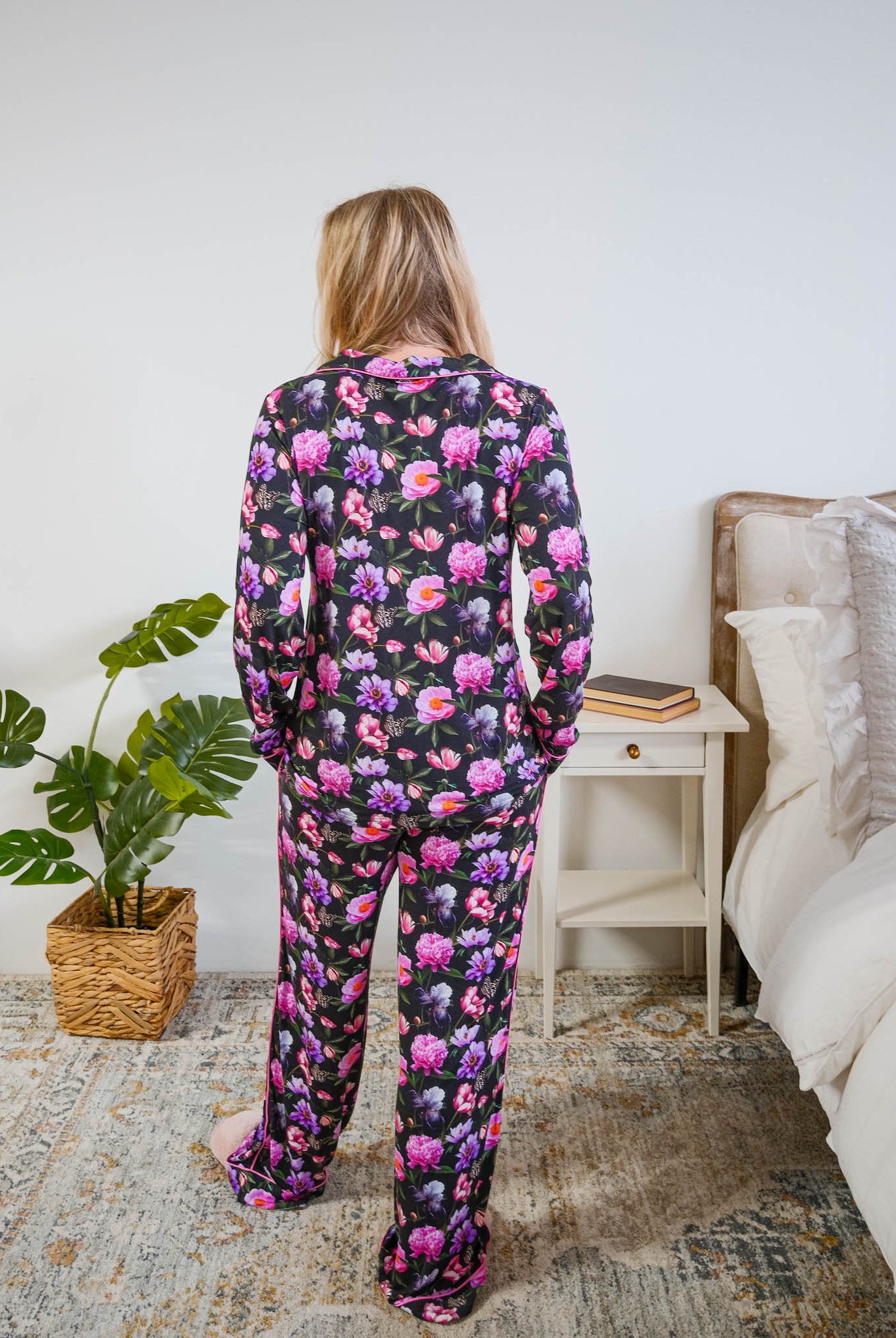 Georgia Rylan women's bamboo long sleeve button-up top and straight-leg pajama pants in Dreamy Blooms black floral print - Cloud Nine Pajamas back view full length