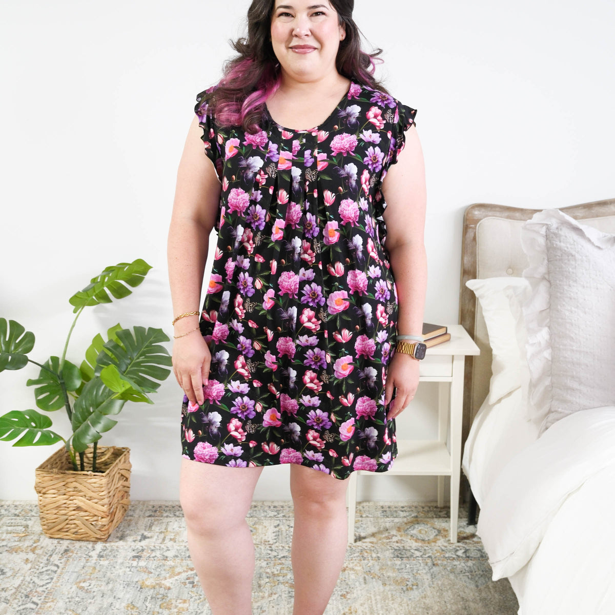 Georgia Rylan women's bamboo flutter sleeve nightgown dress in Dreamy Blooms black floral print - Cloud Nine Pajamas Full length on plus size model