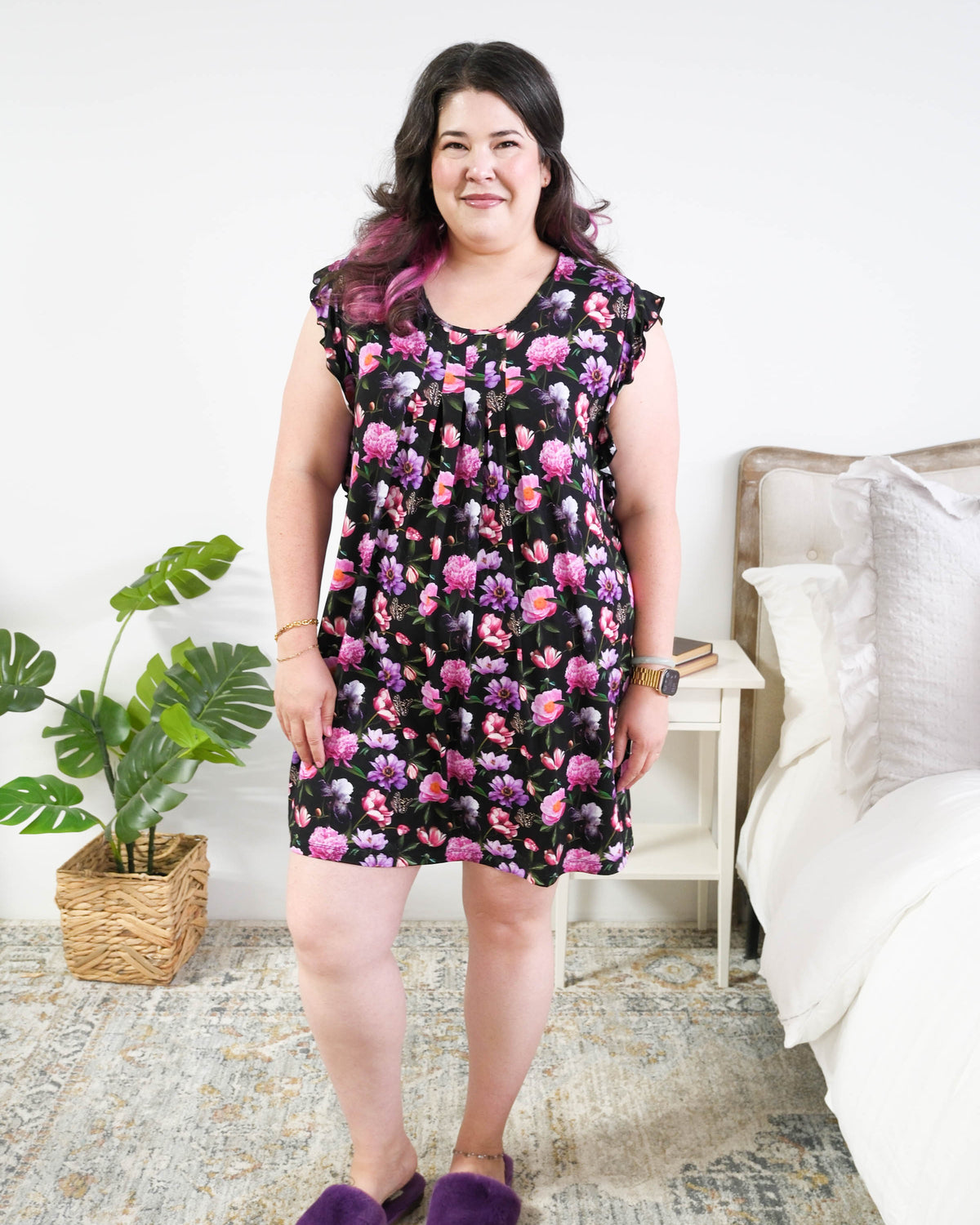 Georgia Rylan women's bamboo flutter sleeve nightgown dress in Dreamy Blooms black floral print - Cloud Nine Pajamas Full length on plus size model