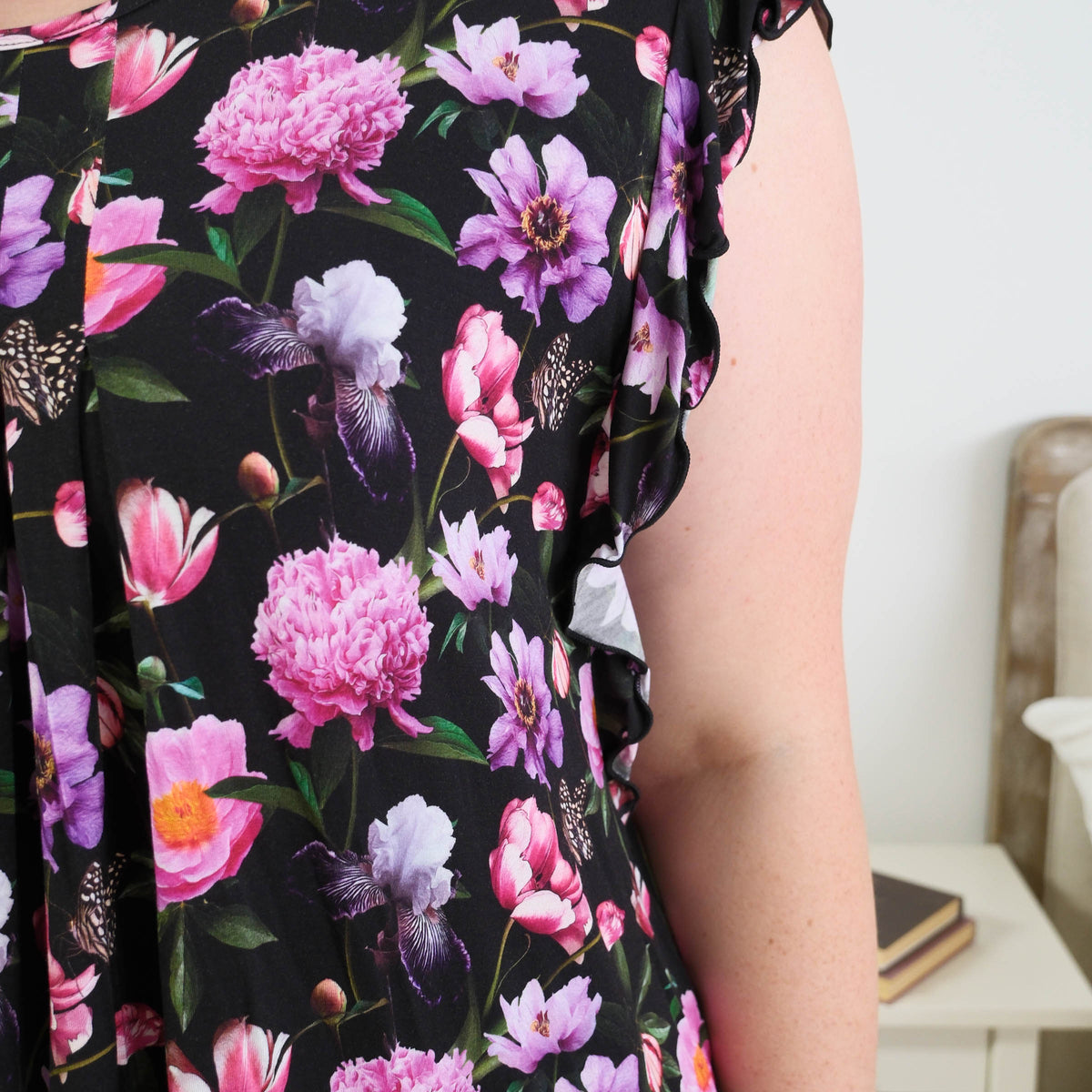 Georgia Rylan women's bamboo flutter sleeve nightgown dress in Dreamy Blooms black floral print - Cloud Nine Pajamas Close up of Flutter Sleeve