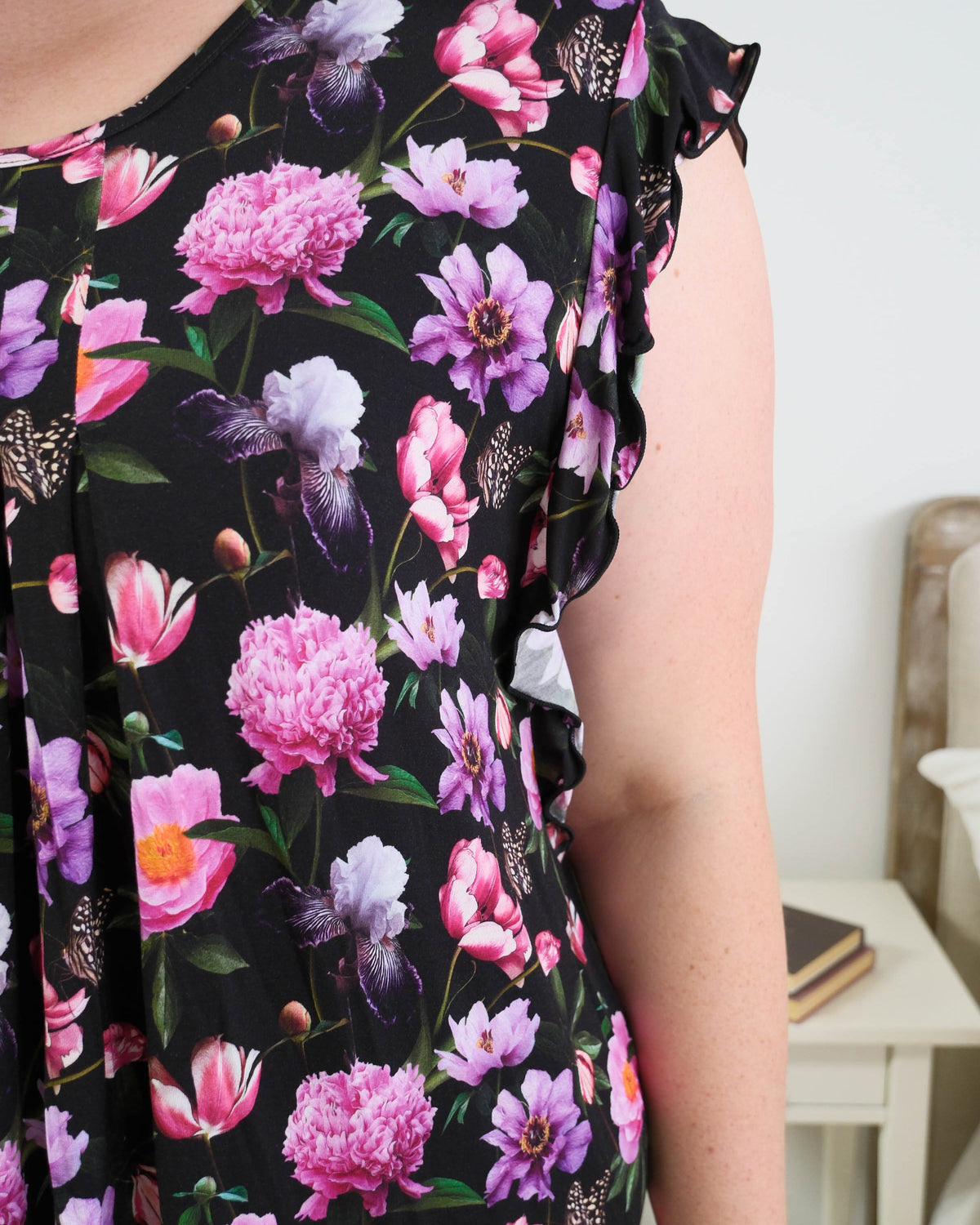 Georgia Rylan women's bamboo flutter sleeve nightgown dress in Dreamy Blooms black floral print - Cloud Nine Pajamas Close up of Flutter Sleeve