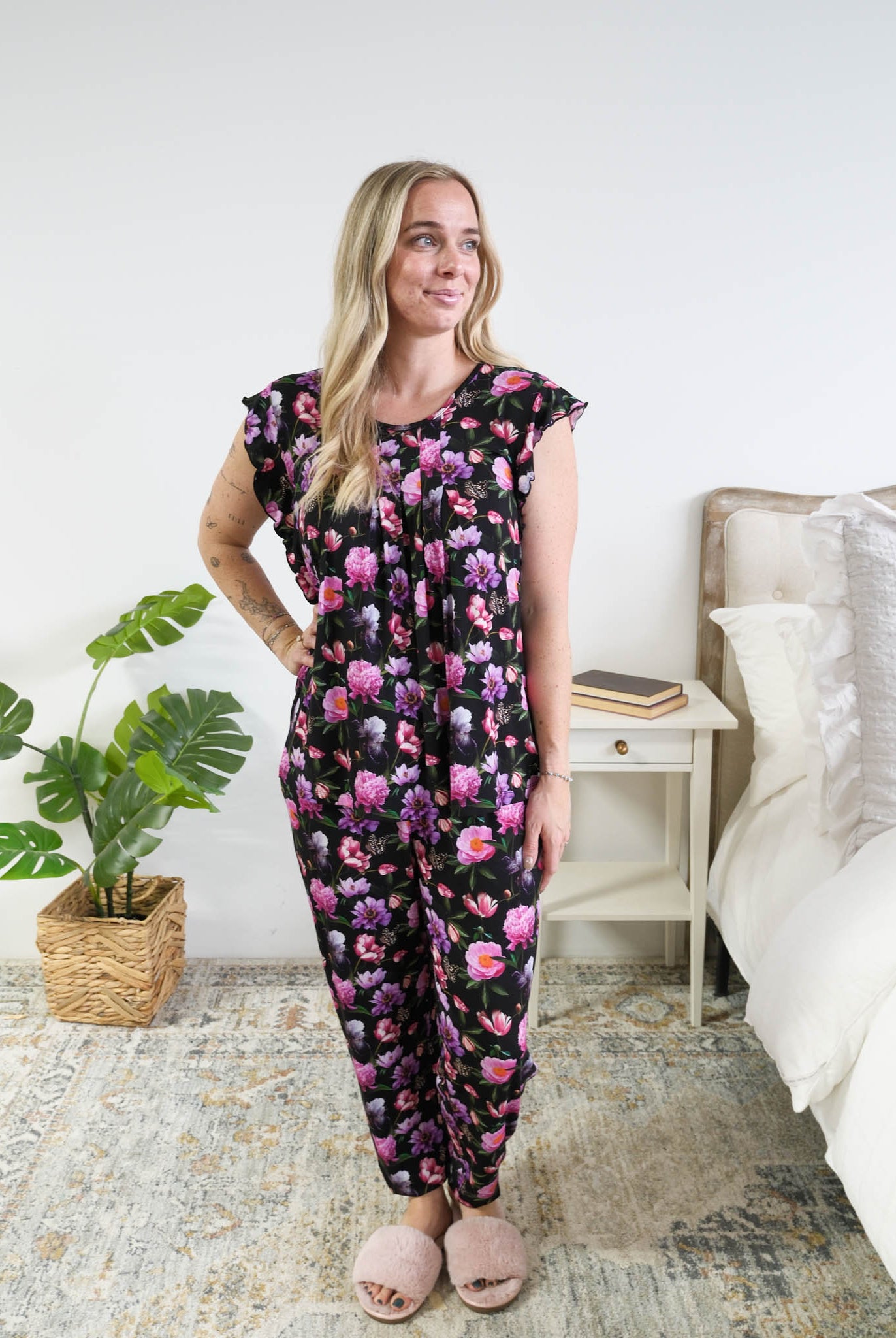 Georgia Rylan women's bamboo flutter sleeve top and soft jogger pajama pants set in Dreamy Blooms black floral print full length on model - Cloud Nine Pajamas
